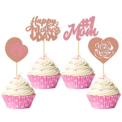 24 Pack Pink Rose Gold Happy Mother's Day Cupcake Toppers - Heart Rose Glitter Cake Decorations for Best Mom Theme Party Supplies - Perfect for Mother's Day Celebrations, Birthday Parties & Baby Showers