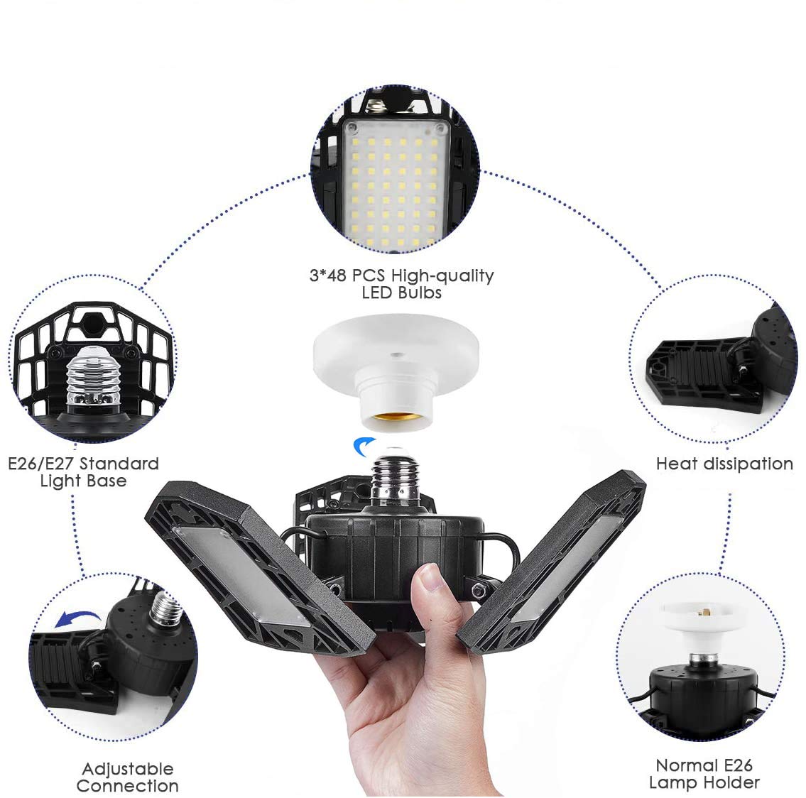 6000 Lumen 6500K Daylight LED Garage Light - 60W Deformable Three-Leaf Ceiling Light for Workshop, Warehouse & Home Garage Organization | Bright Lighting Solution for DIY Projects and Auto Repair