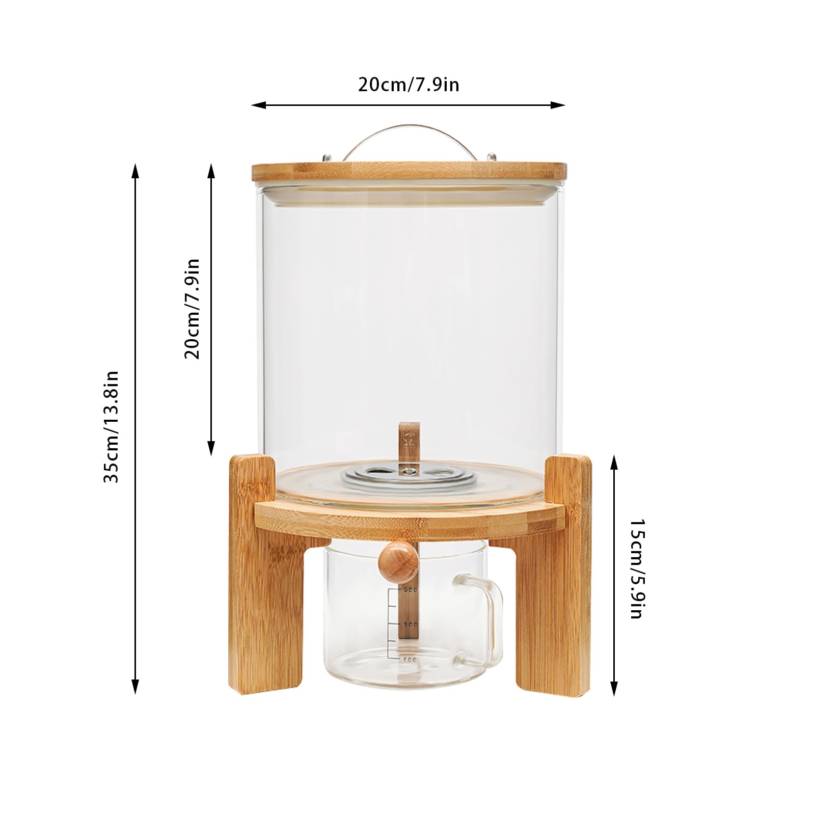 DYNAMI 5L Glass Rice Dispenser with Airtight Lid - Glass Cereal Storage Container with Bamboo Stand, Measuring Cup & Thermometer - Perfect for Kitchen Organization, Pantry Storage & Countertop Display