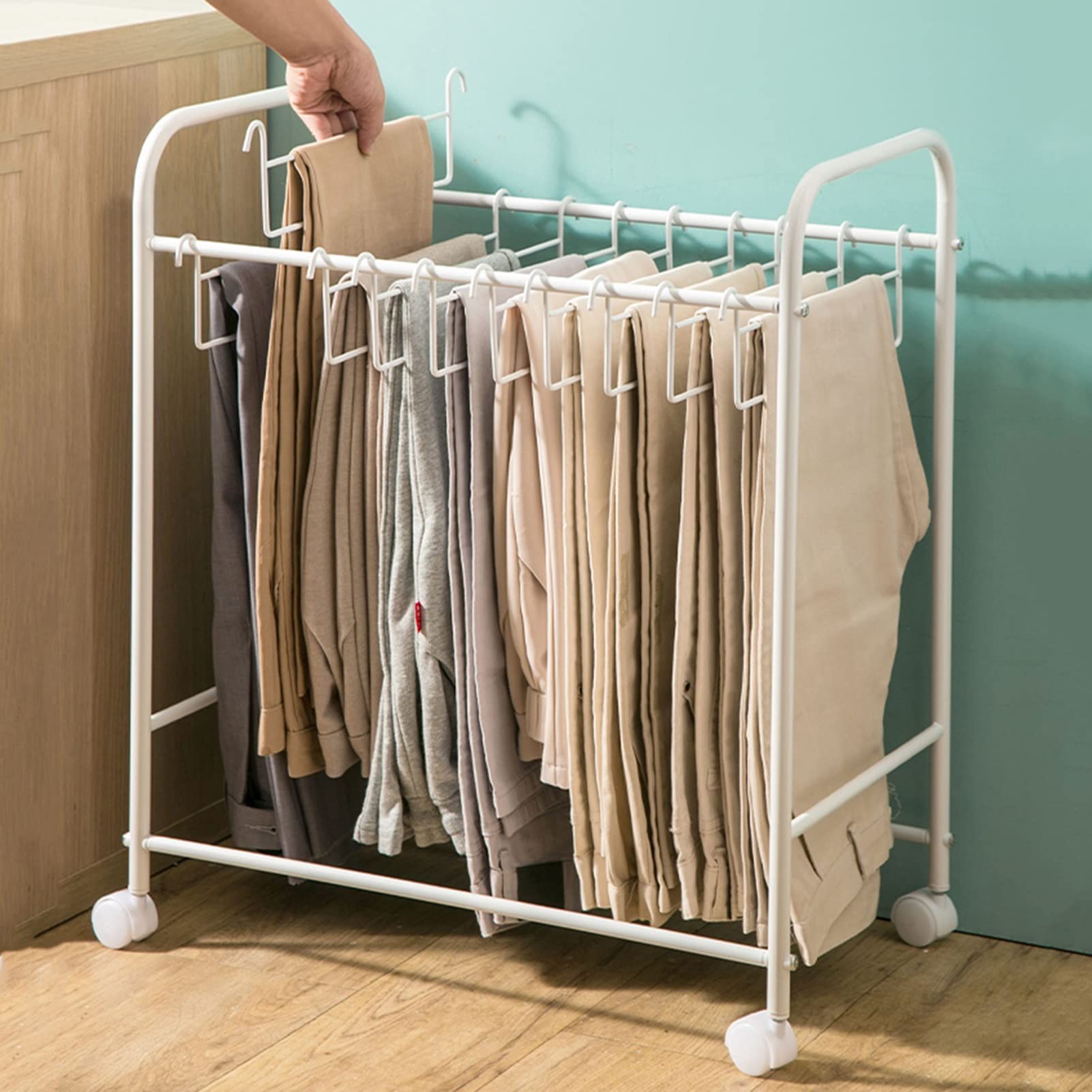 YLLFF 24-Pack Rolling Pant Hangers Rack - White Metal Rolling Closet Organizer with Removable Hooks for Jeans, Trousers, Skirts & Clothes - Space-Saving Wardrobe Storage Solution for Bedroom, Closet & Laundry Room Organization