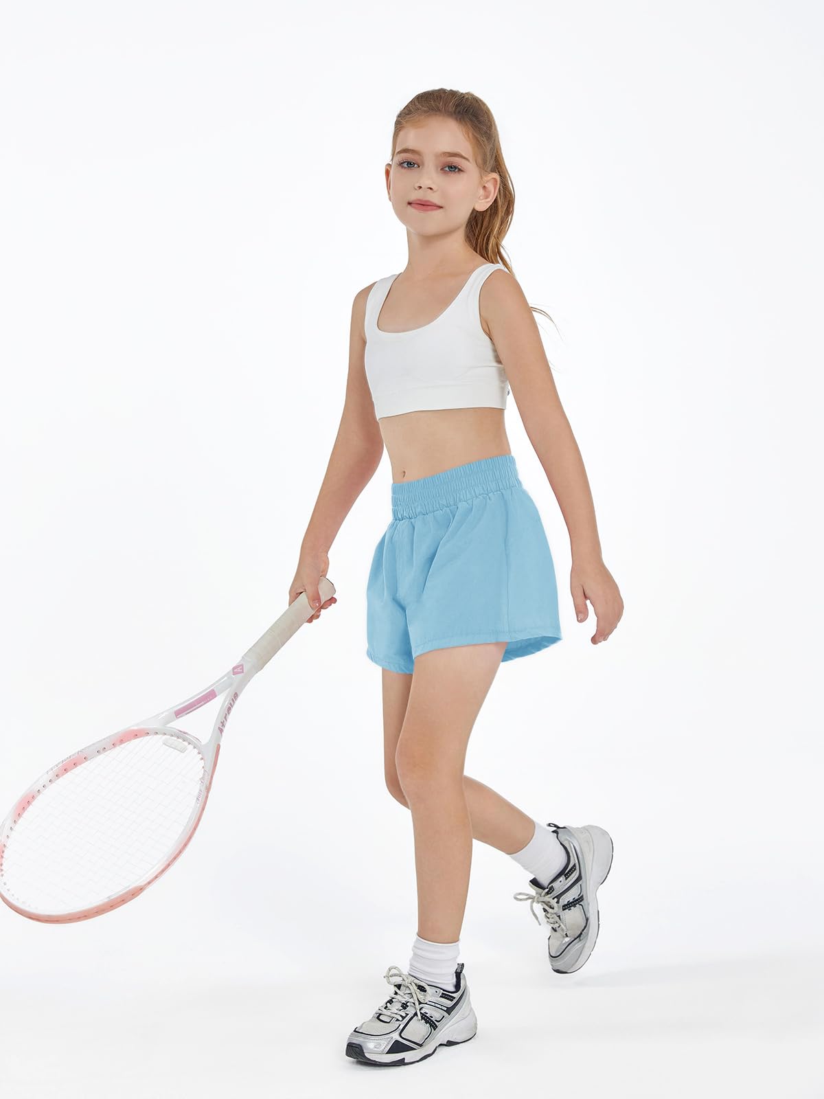 Haloumoning Girls Athletic Shorts - High Waist Elastic 2-in-1 Running Shorts with Side Pockets for Kids 5-14 Years | Perfect for School PE, Soccer Practice & Summer Play