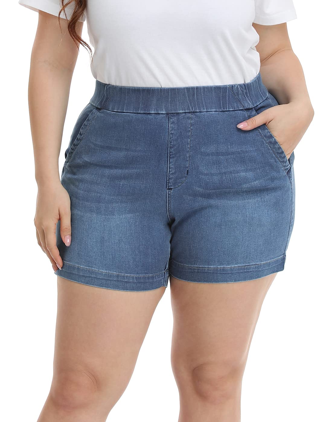 **HDE Women's Plus Size High Waisted Stretch Denim Shorts – Pull-On Jean Shorts for Casual Wear, Summer Outfits & Beach Vacations**