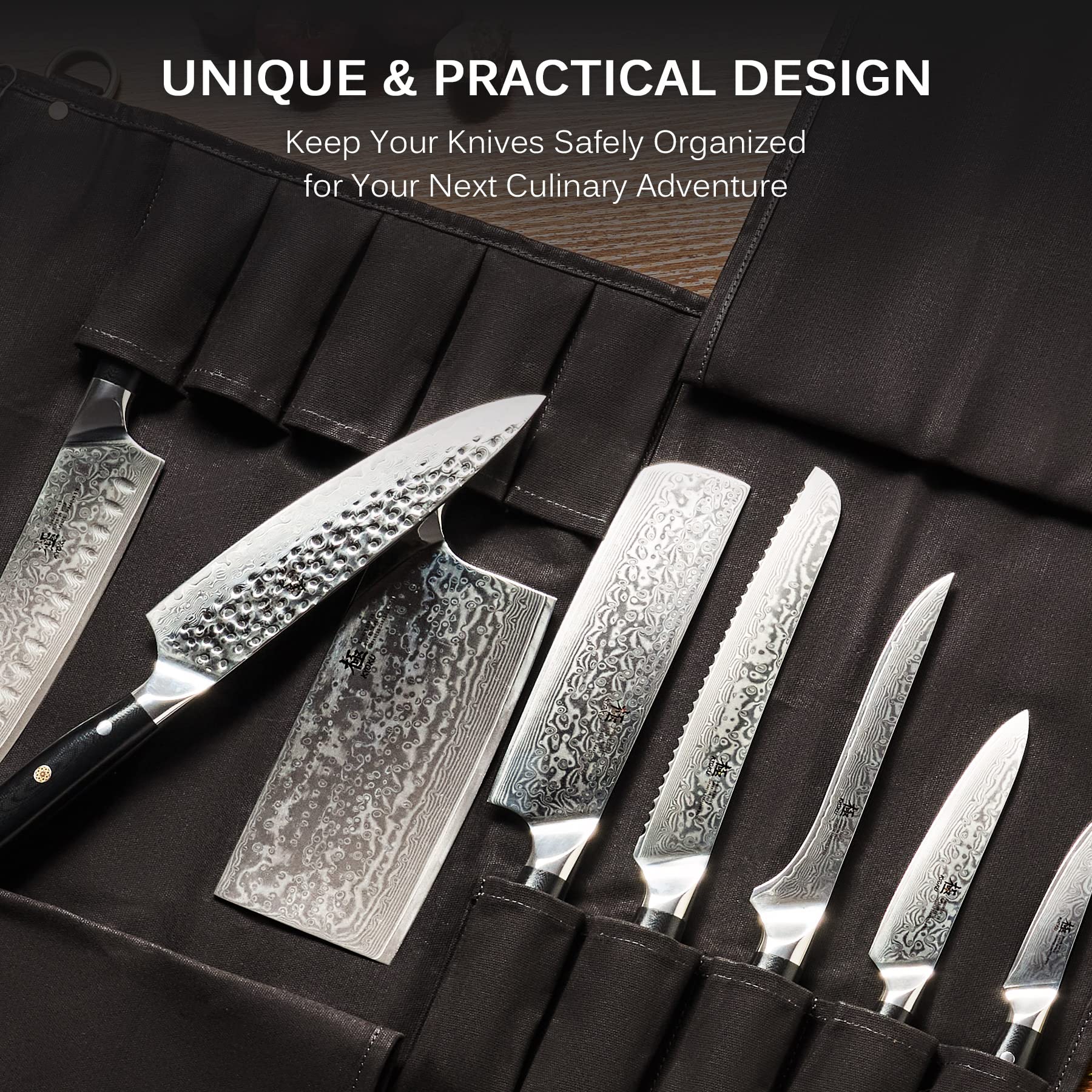 Premium KYOKU Chef Knife Roll Bag - 10-Slot Professional Knife & Utensil Holder with 3 Cutlery Pockets | Durable Oiled Leather & Waxed Canvas Travel Case with Adjustable Strap (Black) | Ideal for Chefs, Culinary Students & Professional Kitchens