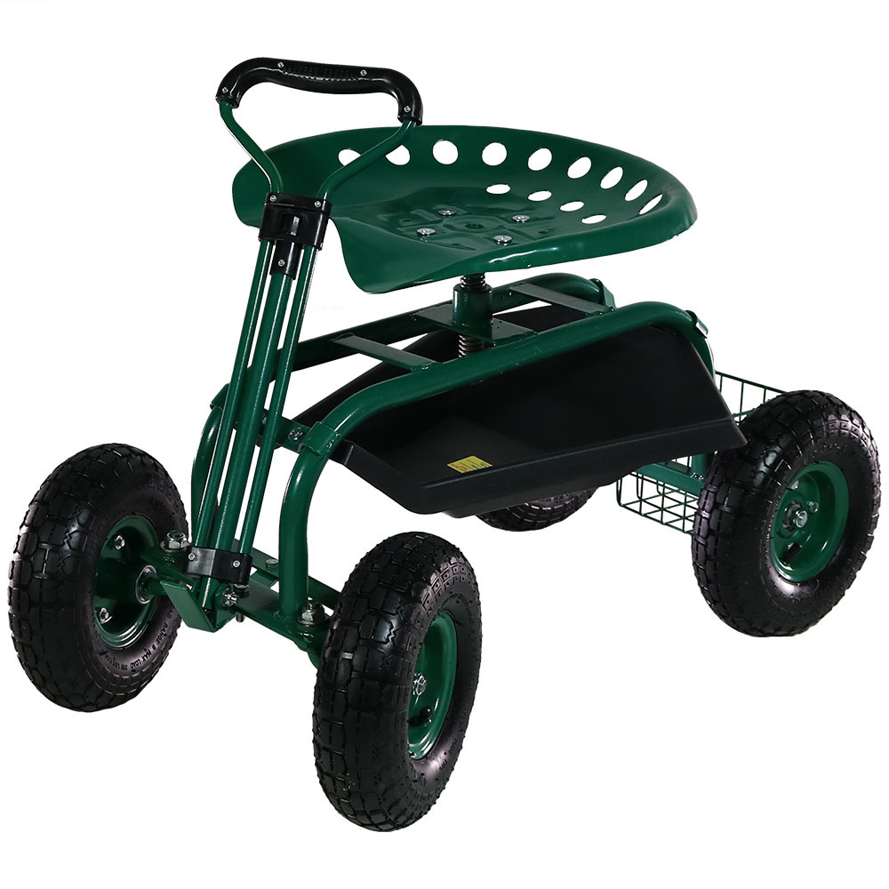 Sunnydaze Heavy Duty Rolling Garden Cart with Steering Handle & Swivel Seat - Perfect for Outdoor Gardening, Yard Work, and Home Organization