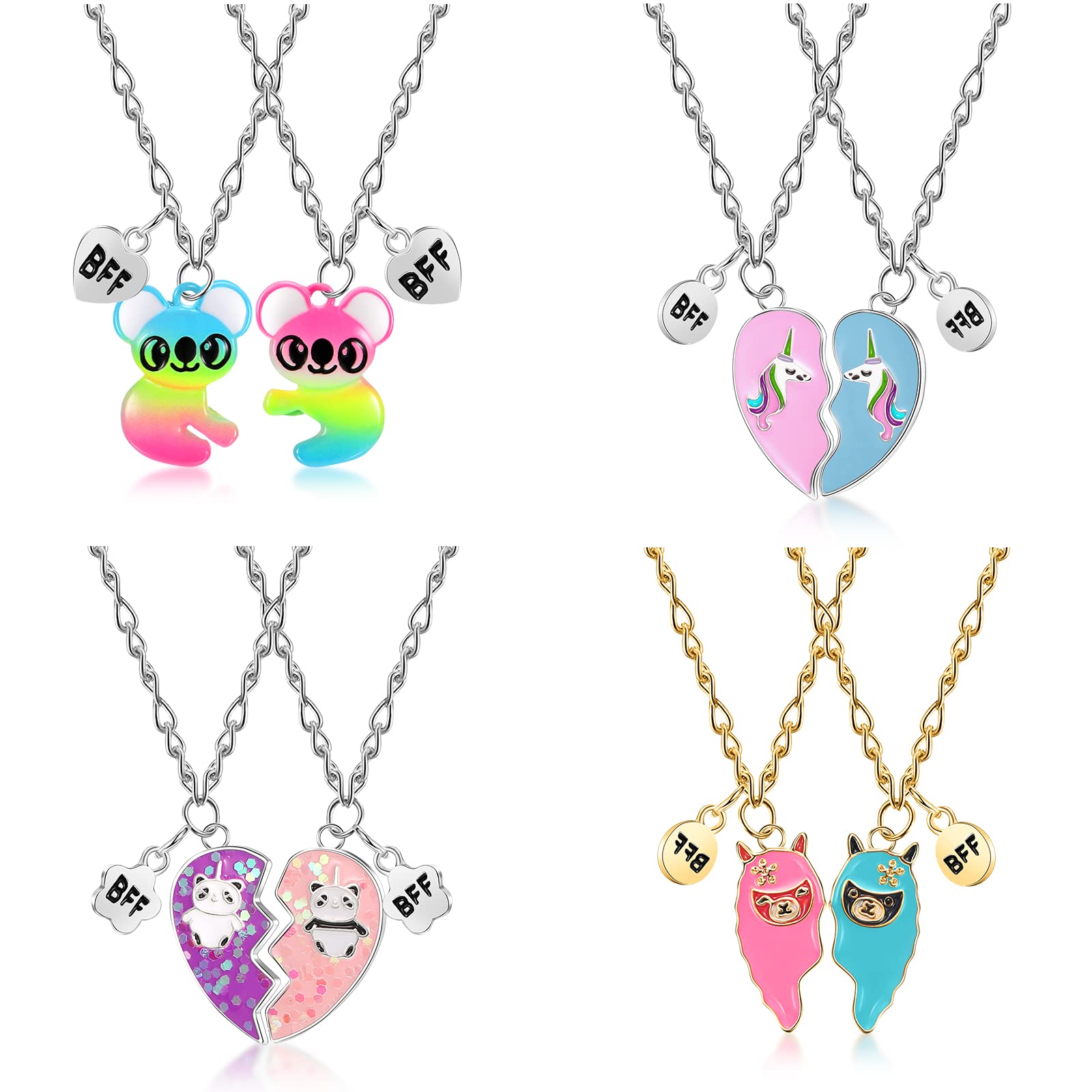8 Pcs Best Friend Necklaces for 2 Girls - BFF Heart Jewelry Set for Kids, Teens & Women - Koala, Unicorn, Panda, Llama Designs - Perfect Birthday, Christmas & Friendship Gifts for Everyday Wear