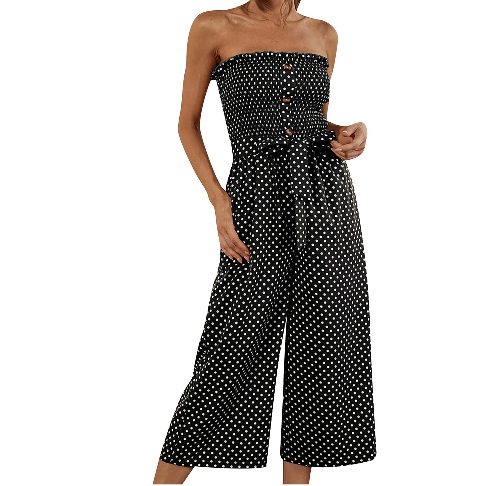 Ceimmol Women's Summer Strapless Jumpsuit - Polka Dot Smocked Waist Wide Leg Romper with Pockets | Casual Beachwear, Vacation Outfit, Party Dress for Women