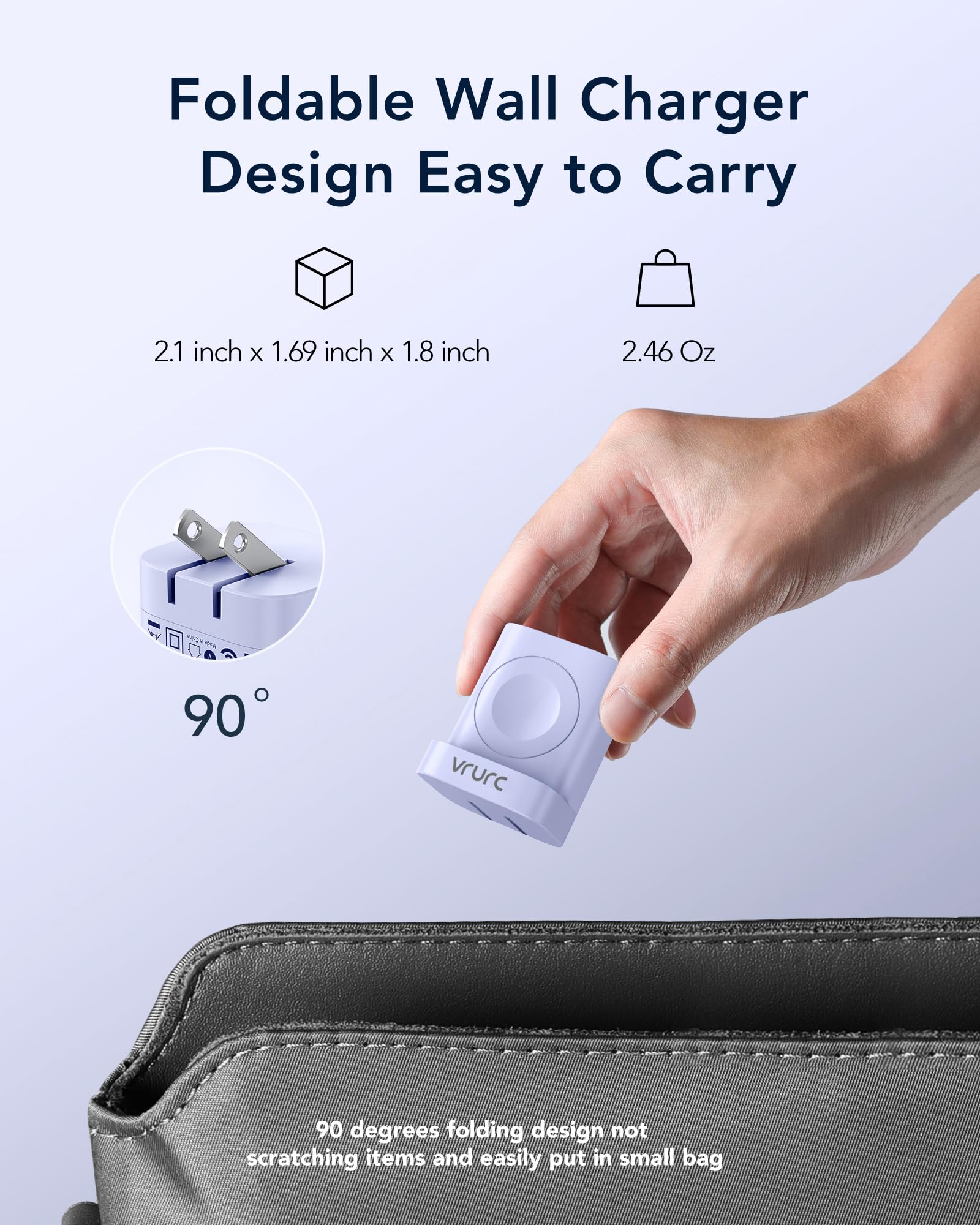 VRURC 3-in-1 Magnetic Wireless Charger for Apple Watch Series 10/9/8/7/6/5/4/3/SE/Ultra, iPhone 16/15/14/13 & Android Phones - 20W PD Fast Charging, Portable Travel Charging Station (Purple) - Perfect for Home, Office & On-the-Go Charging