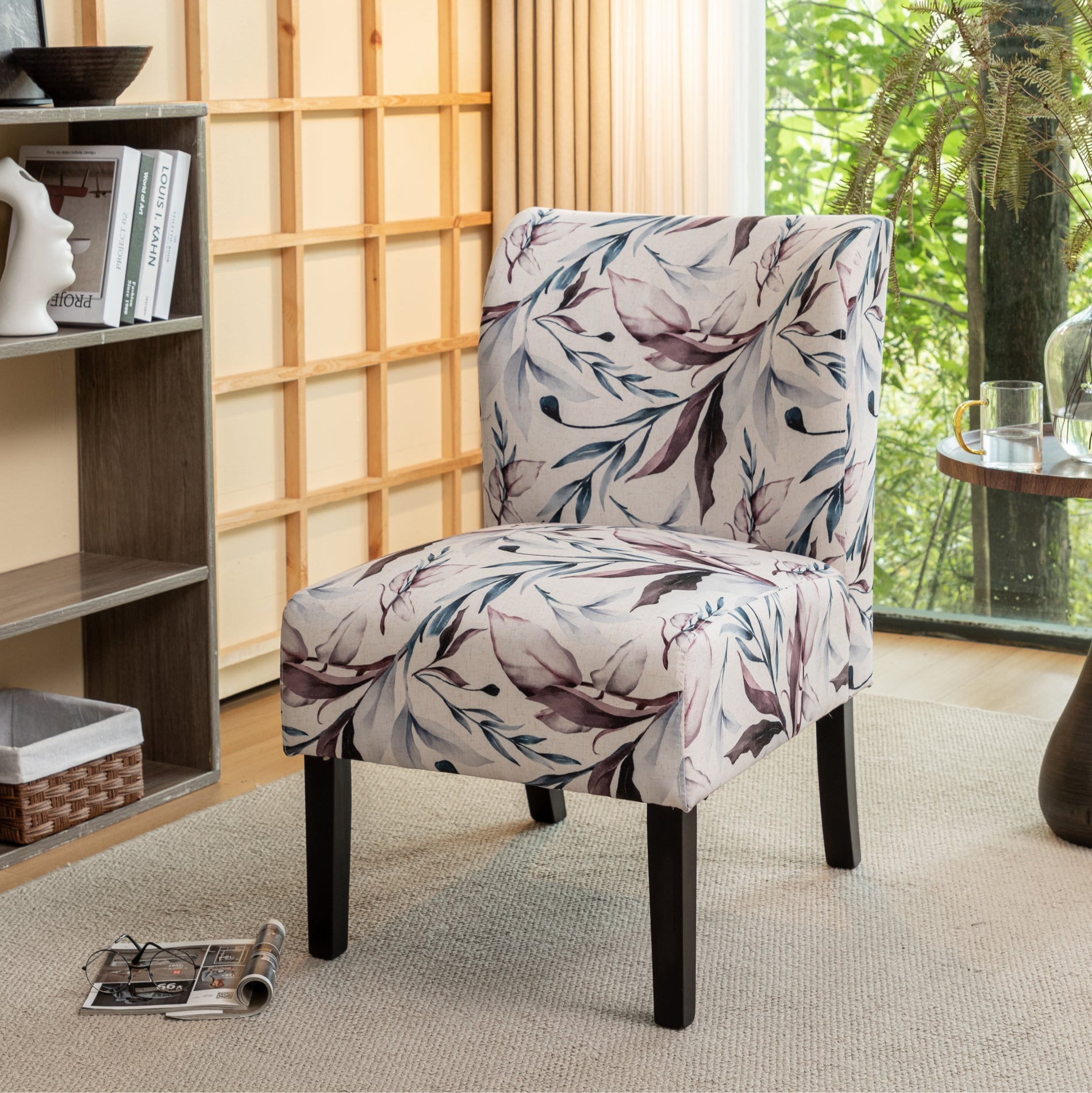 Roundhill Furniture Capa Fabric Armless Contemporary Accent Chair - Purple Floral Design, Modern Living Room Decor, Perfect for Reading Nook or Bedroom Sitting Area