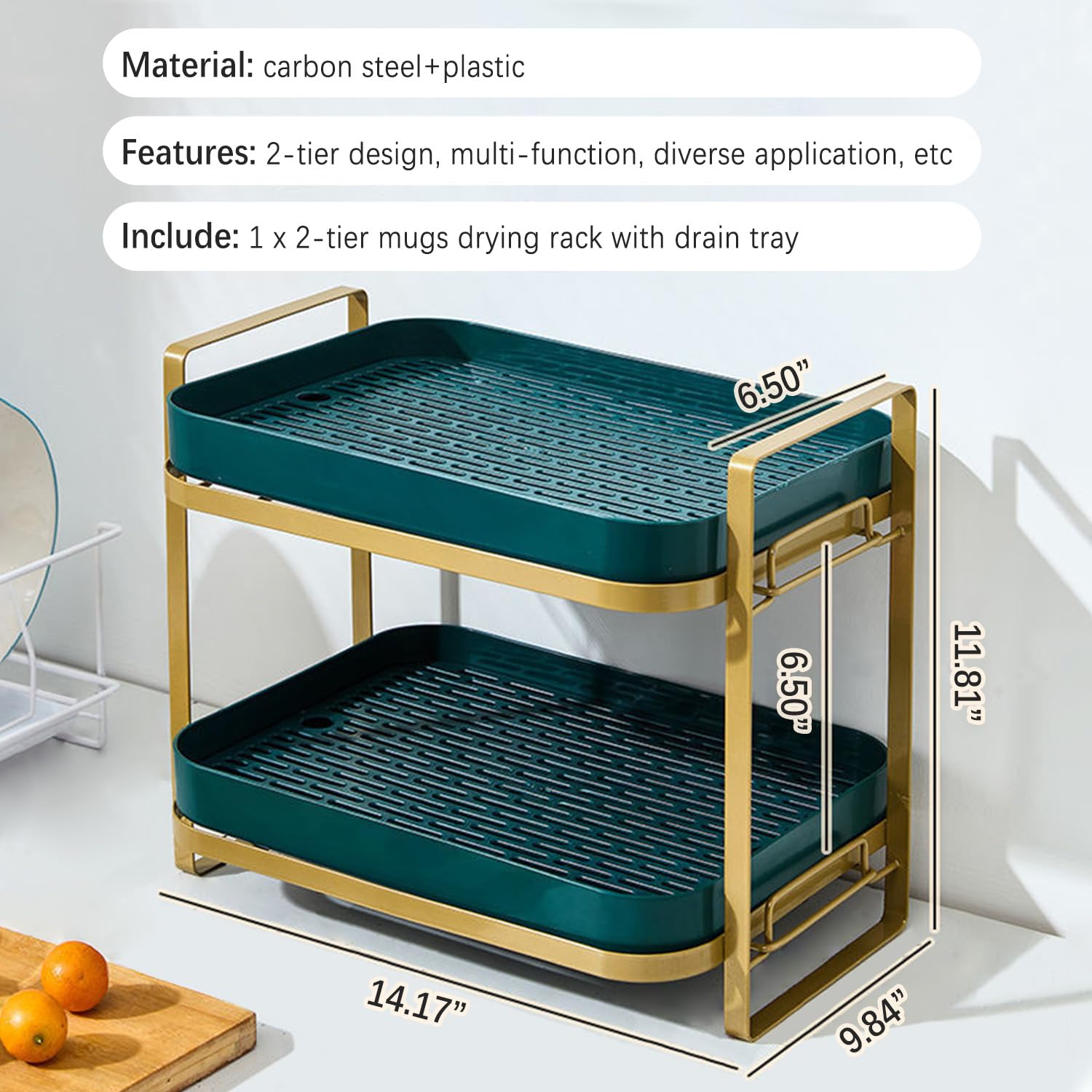 2 Tier Cup Drying Rack with Drain Tray - Space Saving Countertop Mug Holder & Kitchen Organizer for Glasses, Tumblers, Teacups - Perfect for Small Kitchens, Coffee Bars & Dish Drying Stations