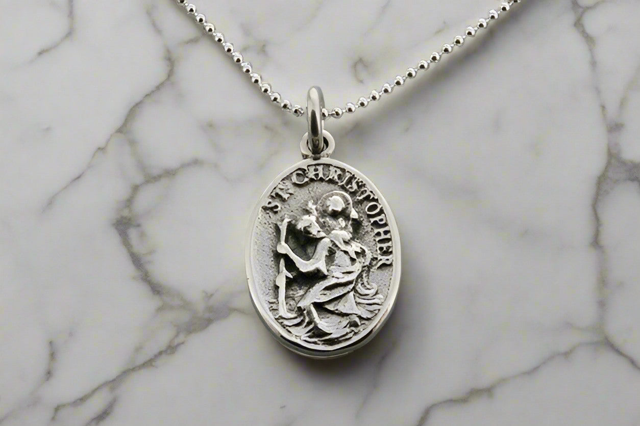 Saint Christopher Sterling Silver Pendant with 55cm Ball Chain - Perfect for Travel Protection & Religious Jewelry Gifts
