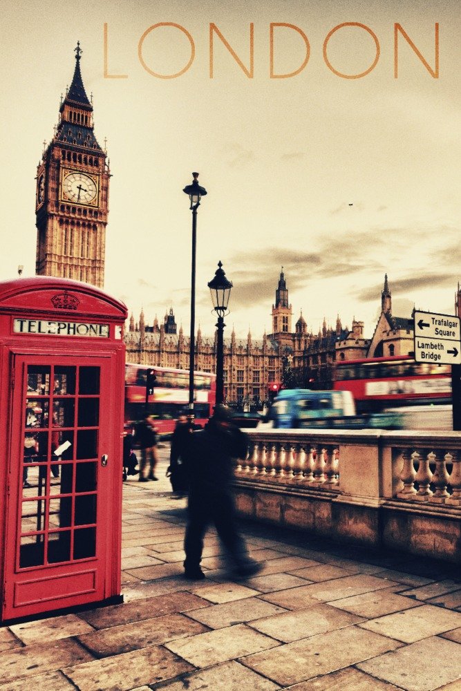 London England Telephone Booth & Big Ben 24x36 Signed Art Print - Vintage British Wall Decor Poster for Home, Office & Gift Giving