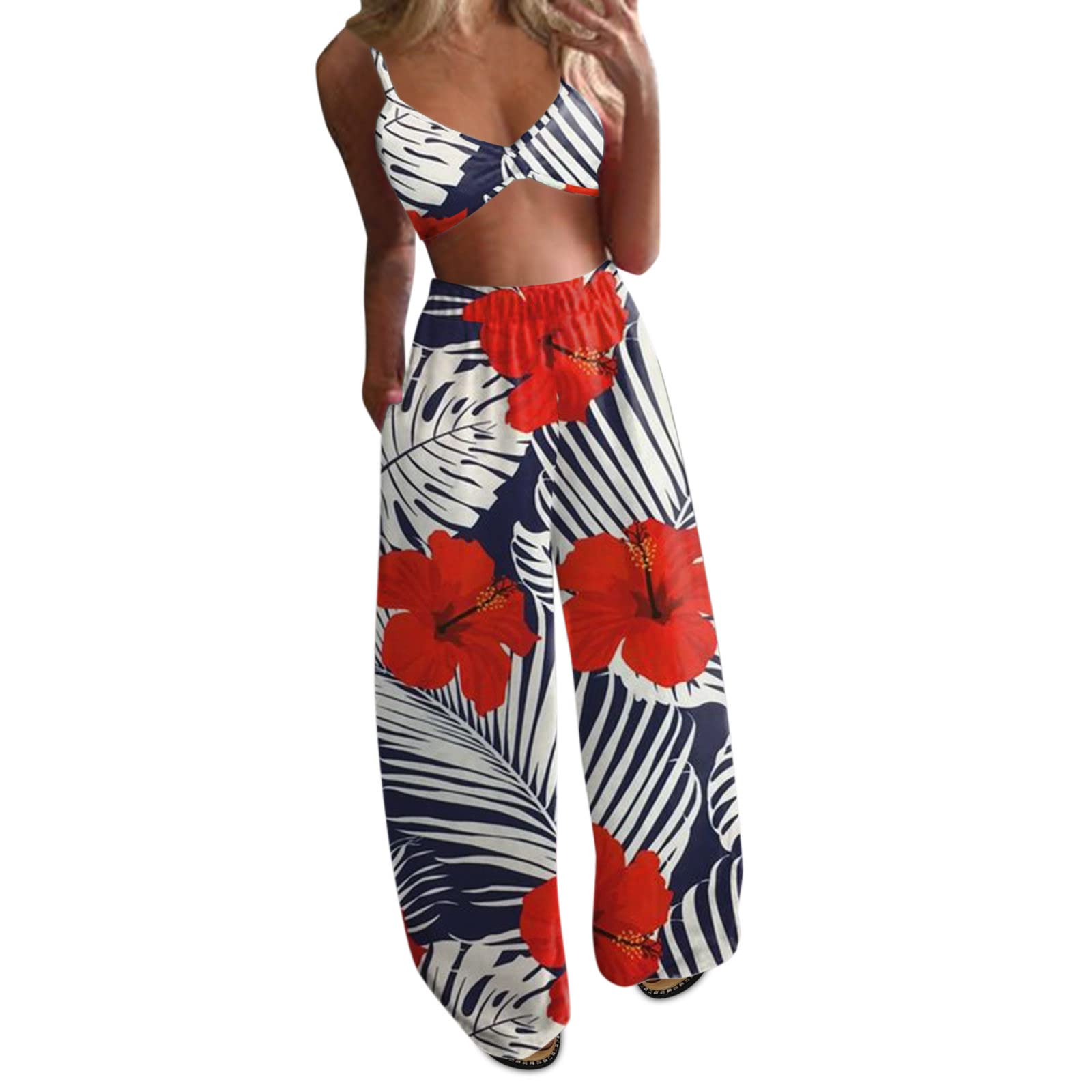 Boho Wide Leg Women's Pants Set - Loose Printed 2-Piece Crop Top & Trousers Outfit for Casual Wear, Beach Vacation & Summer Fashion