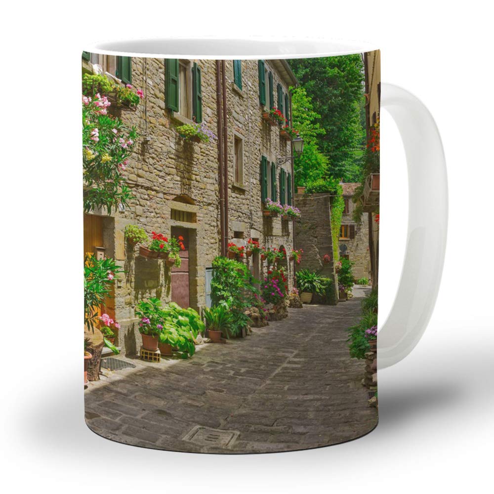 Italian Ceramic Coffee Mug 12oz - Vintage Floral Streets & Alleys Design, Green Plants Decor Tea Cup for Hot Drinks, Cocoa, Office & Home Use - Perfect Birthday, Holiday Gift (1 Piece) - Ideal for Coffee Lovers, Tea Enthusiasts & Gift-Givers