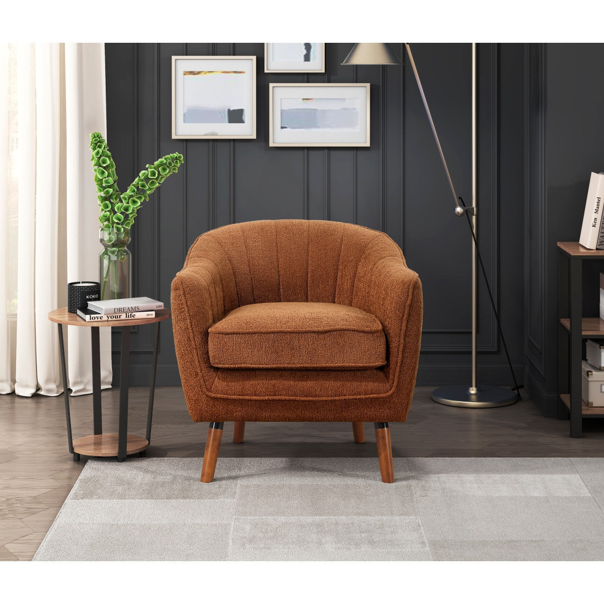Calypso Accent Chair in Rust - Mid-Century Modern Lounge Chair for Living Room, Bedroom & Office - Comfortable Upholstered Armchair with Wooden Legs