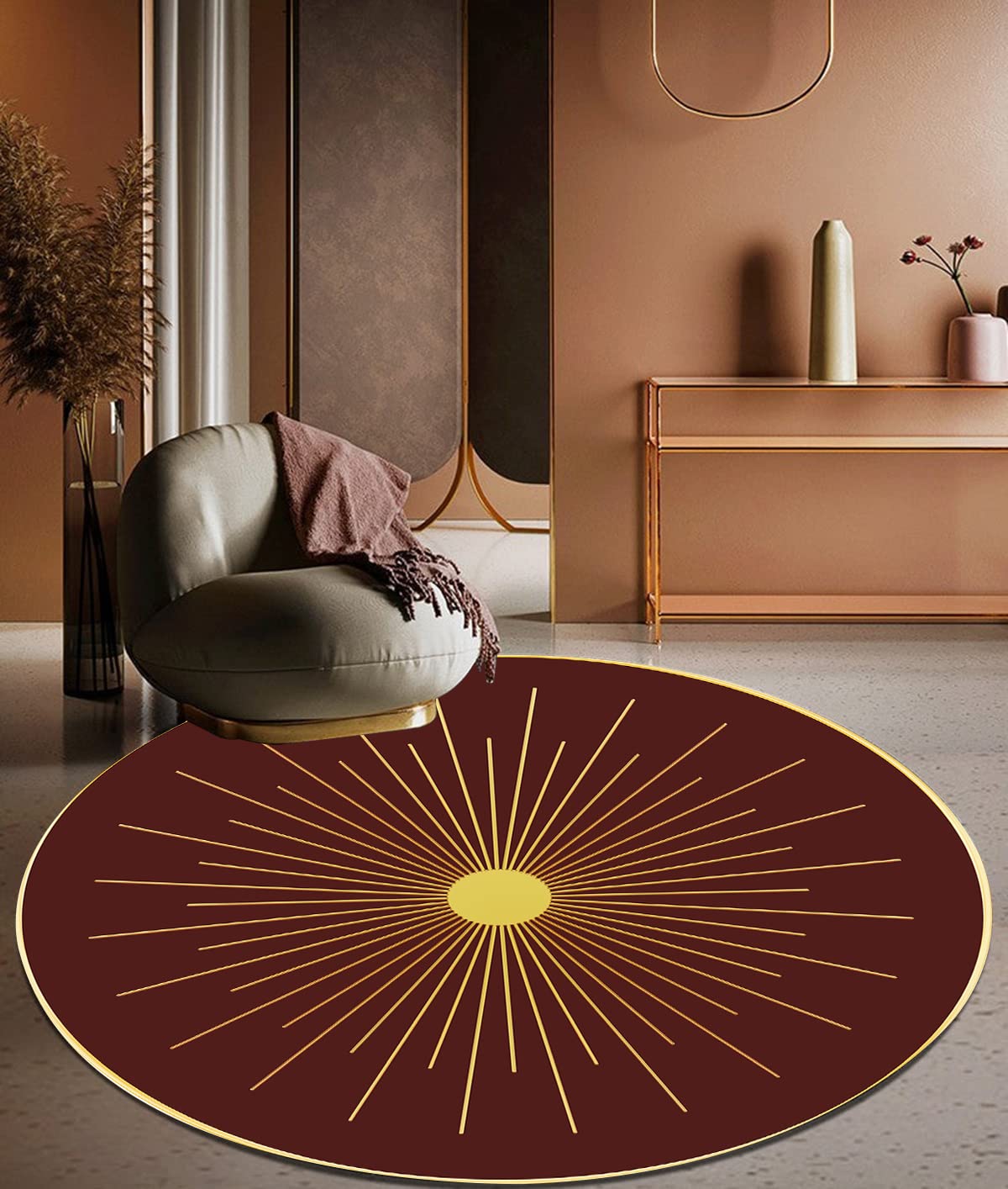 Burgundy Burst Striped Round Area Rug - Gold Border Modern Abstract Design, Soft Shaggy & Washable, 4ft - Perfect for Living Room, Dining Room, Nursery, Bedroom Runner or Kitchen Mat | Durable & Stylish Home Decor