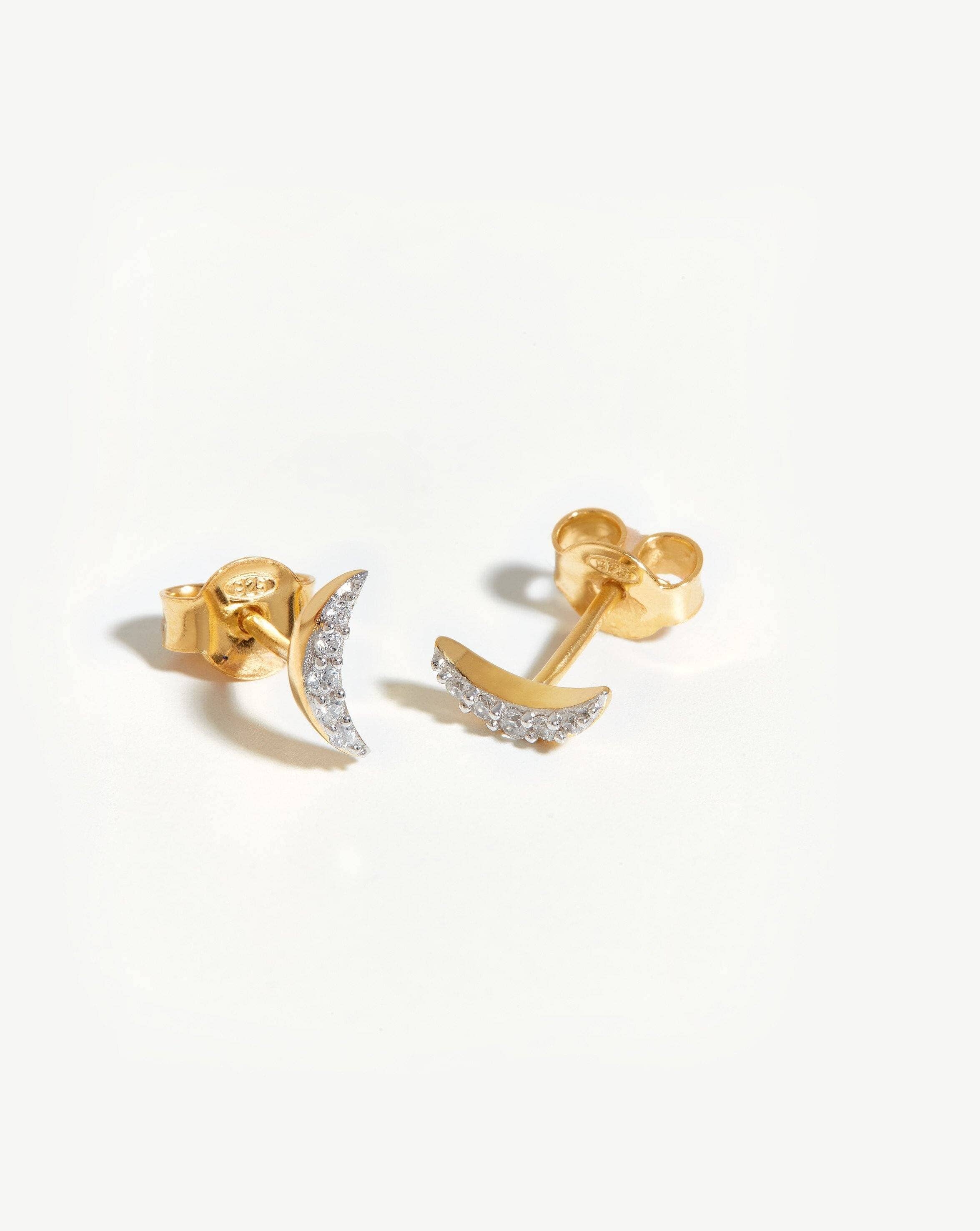 Celestial Pave Moon Stud Earrings - 18k Gold Vermeil & Cubic Zirconia | Dainty Celestial Jewelry for Women | Perfect for Everyday Wear, Date Nights & Gift Giving