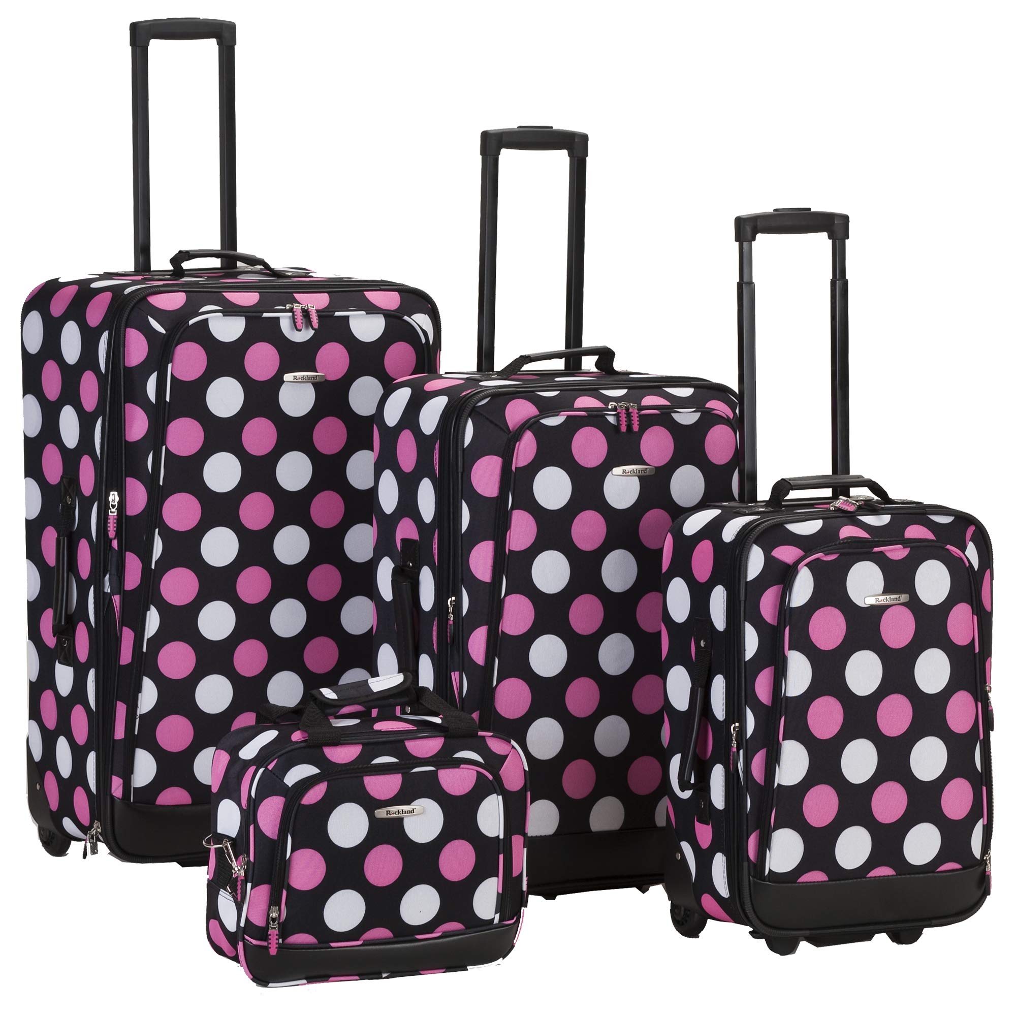 Rockland Escape 4-Piece Softside Upright Luggage Set with Telescoping Handles - Multi/Pink Dot (14/19/24/28 Inch) - Perfect for Family Vacations, Business Trips & International Travel
