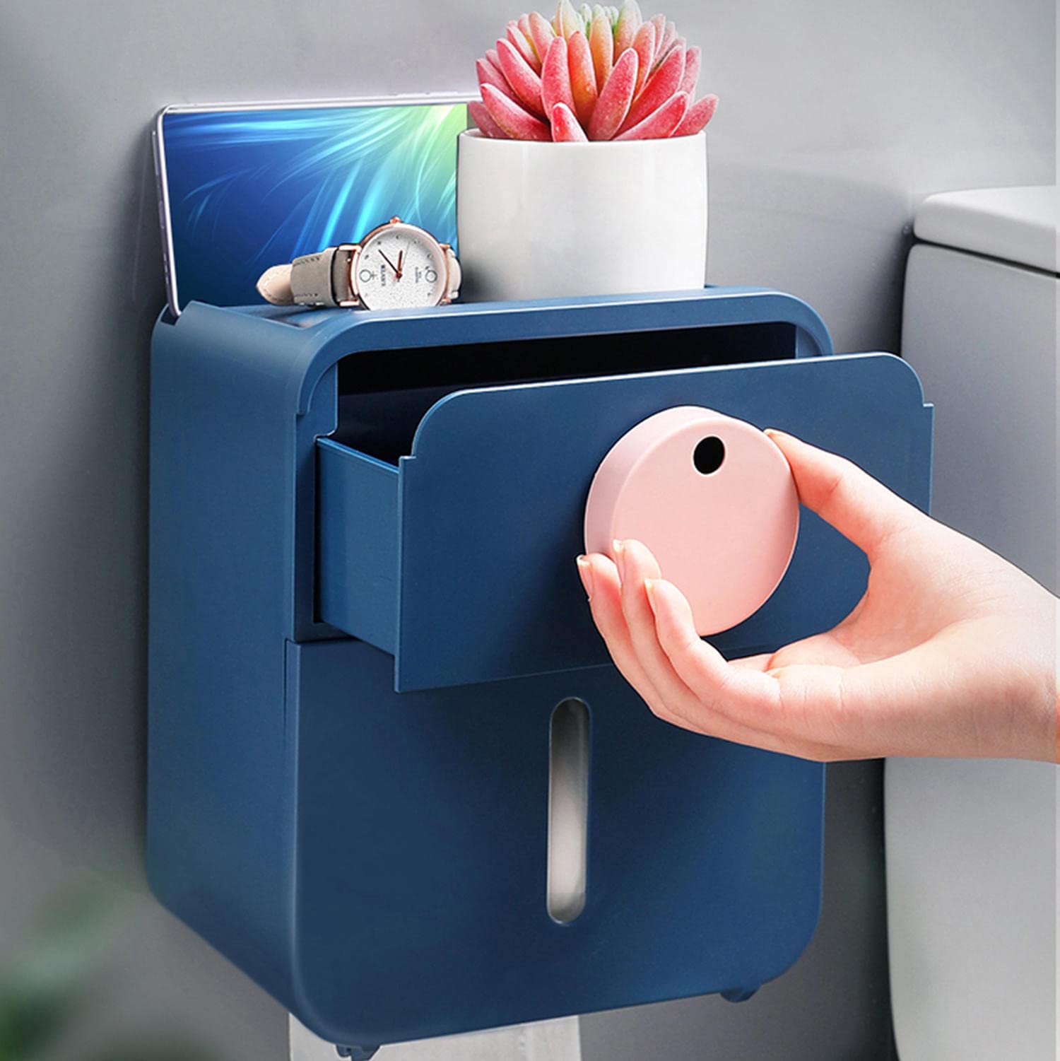 JINYISI 4-in-1 Wall Mounted Toilet Paper Holder with Storage Shelf - Space Saving Bathroom Organizer for Toilet Rolls, Phones & Essentials - Rustproof Blue Metal Design - Perfect for Small Bathrooms & Powder Rooms