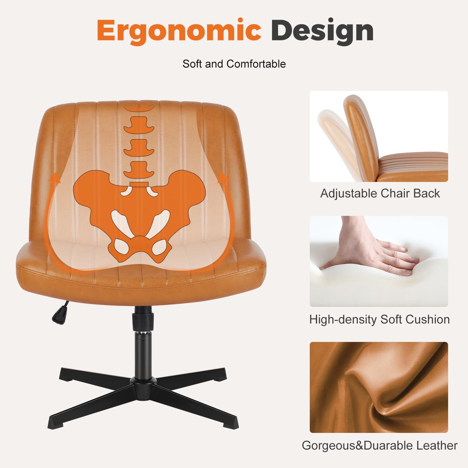 Sweetcrispy Cross Legged Office Chair - Armless Wide Desk Chair Without Wheels, Adjustable Swivel Home & Vanity Chair for Small Spaces | Perfect for Home Office, Study Room, Dormitory & Makeup Station