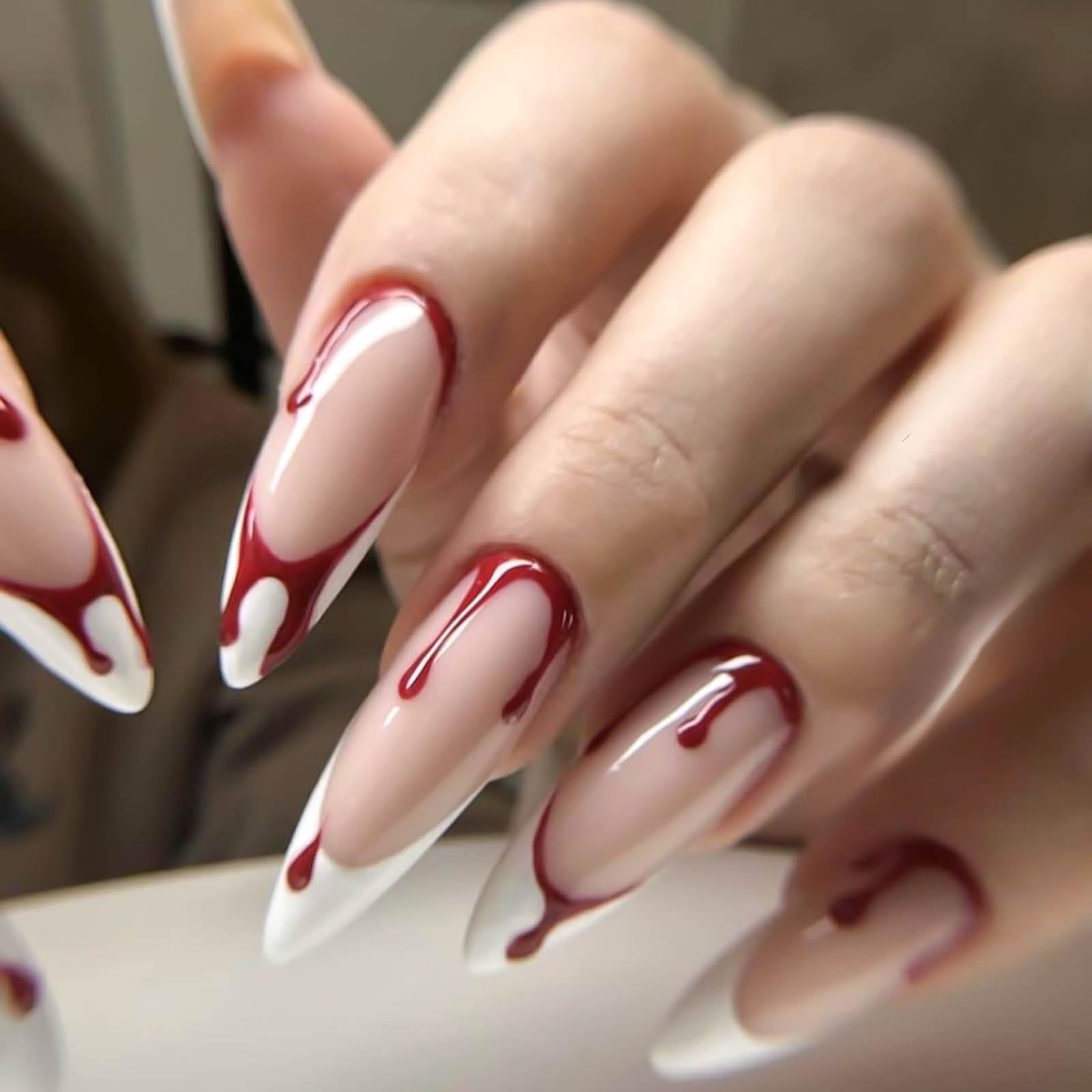 **Long Stiletto Press on Nails - Halloween Fake Nails with Blood Drop Designs, Red & White French Tip Glossy Artificial Nails - 24Pcs Horror Holiday Stick on Nails for Women - Perfect for Halloween Parties, Cosplay & Spooky Events**
