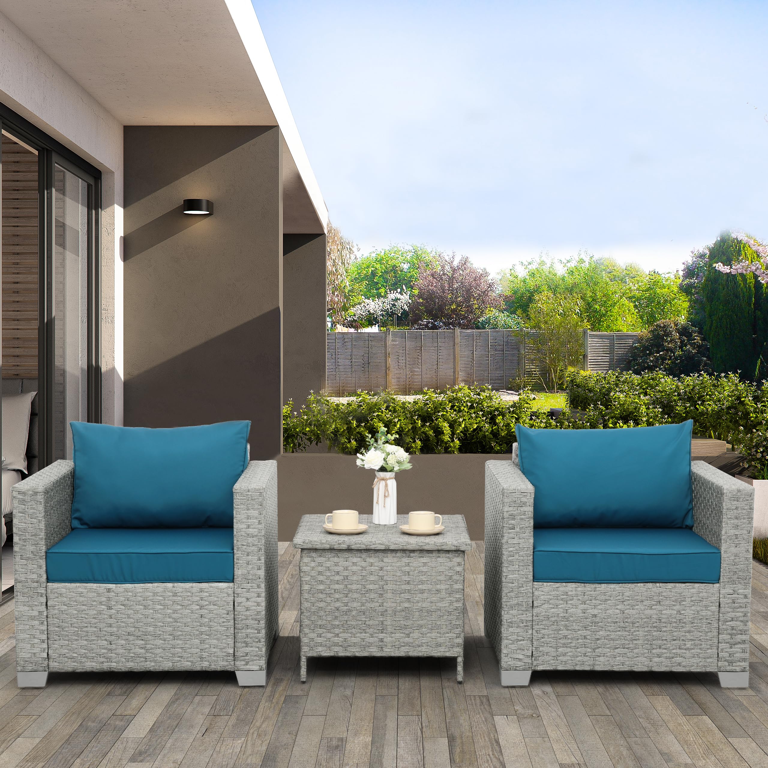 Outdoor Wicker Patio Chairs Set of 2 - Grey Rattan Deep Seating Armchairs with Peacock Blue Cushions for Porch, Balcony & Garden Relaxation