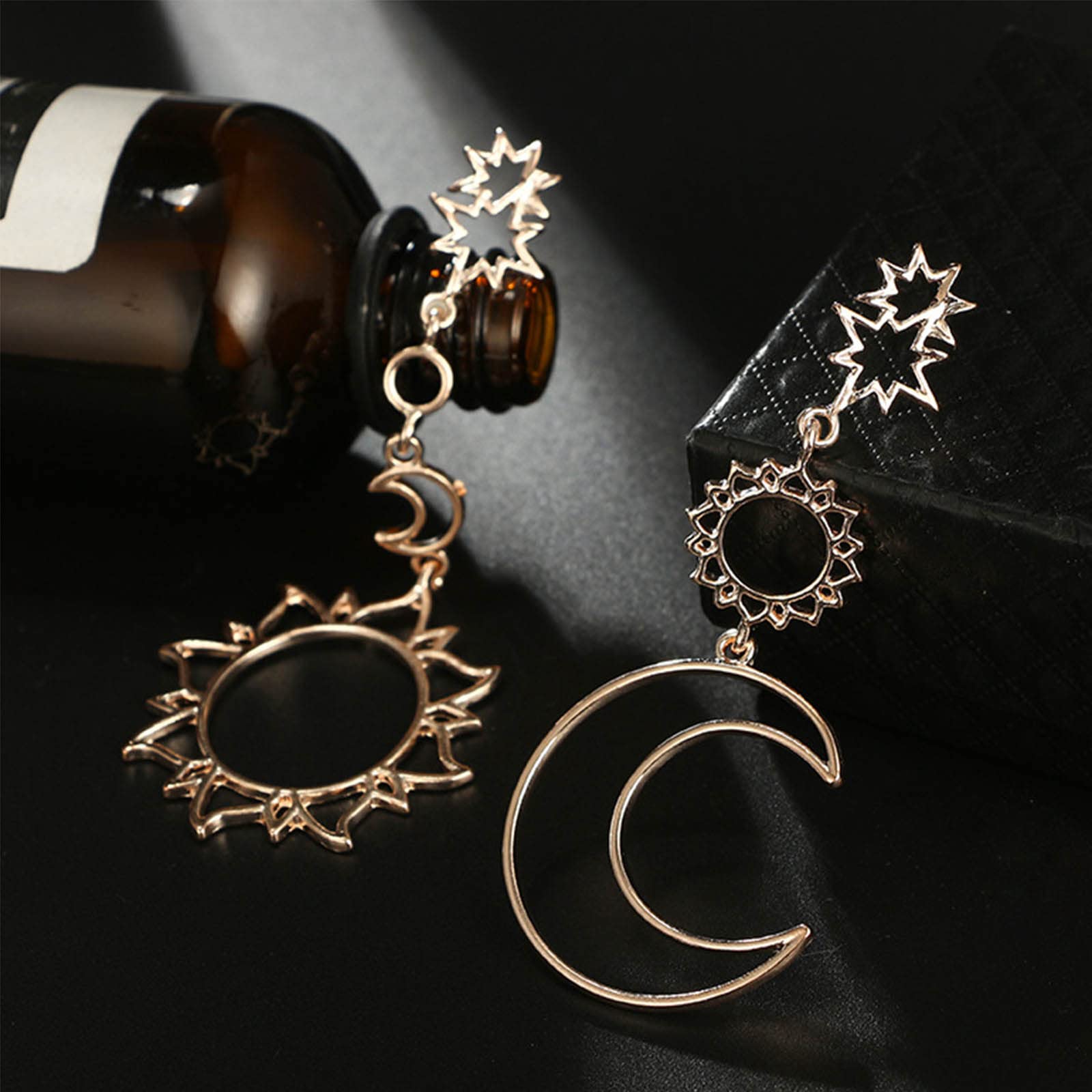 YienDoo Rose Gold Sun and Moon Dangle Earrings - Asymmetrical Crescent Star Stud Hoop Drop Earrings for Women | Perfect for Parties, Weddings, and Everyday Fashion Jewelry Gifts