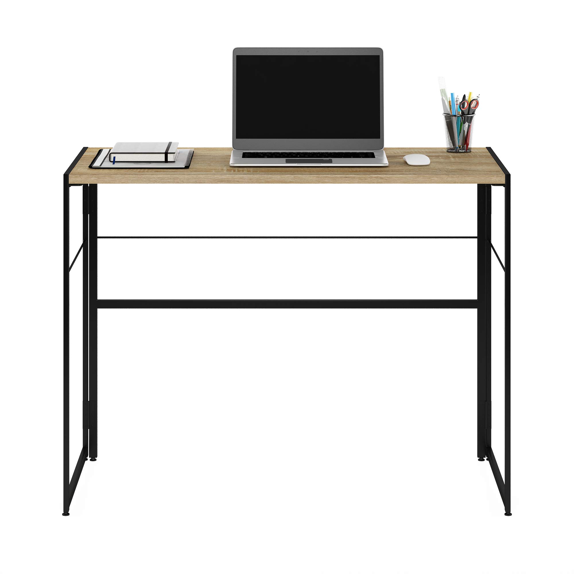 Furinno Riau No-Tool Assembly Folding Metal Computer Desk - 39 Inch, Sonoma Oak & Black Finish | Perfect for Home Office, Gaming & Small Spaces