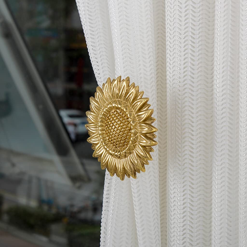 Brass Sunflower Curtain Holdbacks - 2 Pack Wall Mounted Drapery Tiebacks for Home, Kitchen & Office Decor | Elegant Curtain Hooks for Window Treatments & Room Styling