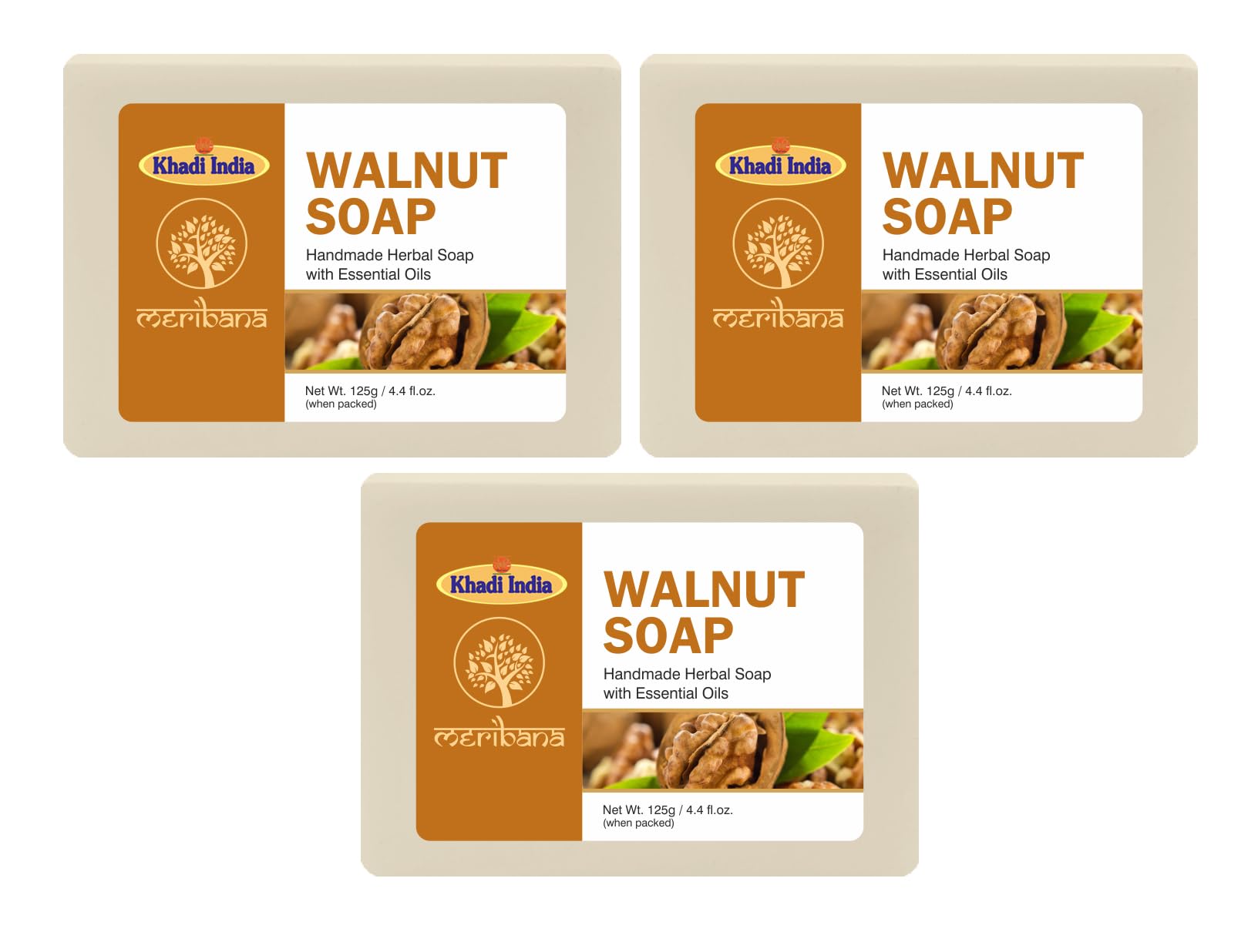 MeriBana Handmade Walnut Exfoliating Bath Soap Bar - 3 Pack (125g Each) - Natural Scrub for Smooth Skin - Perfect for Spa, Gift & Daily Skincare Routine