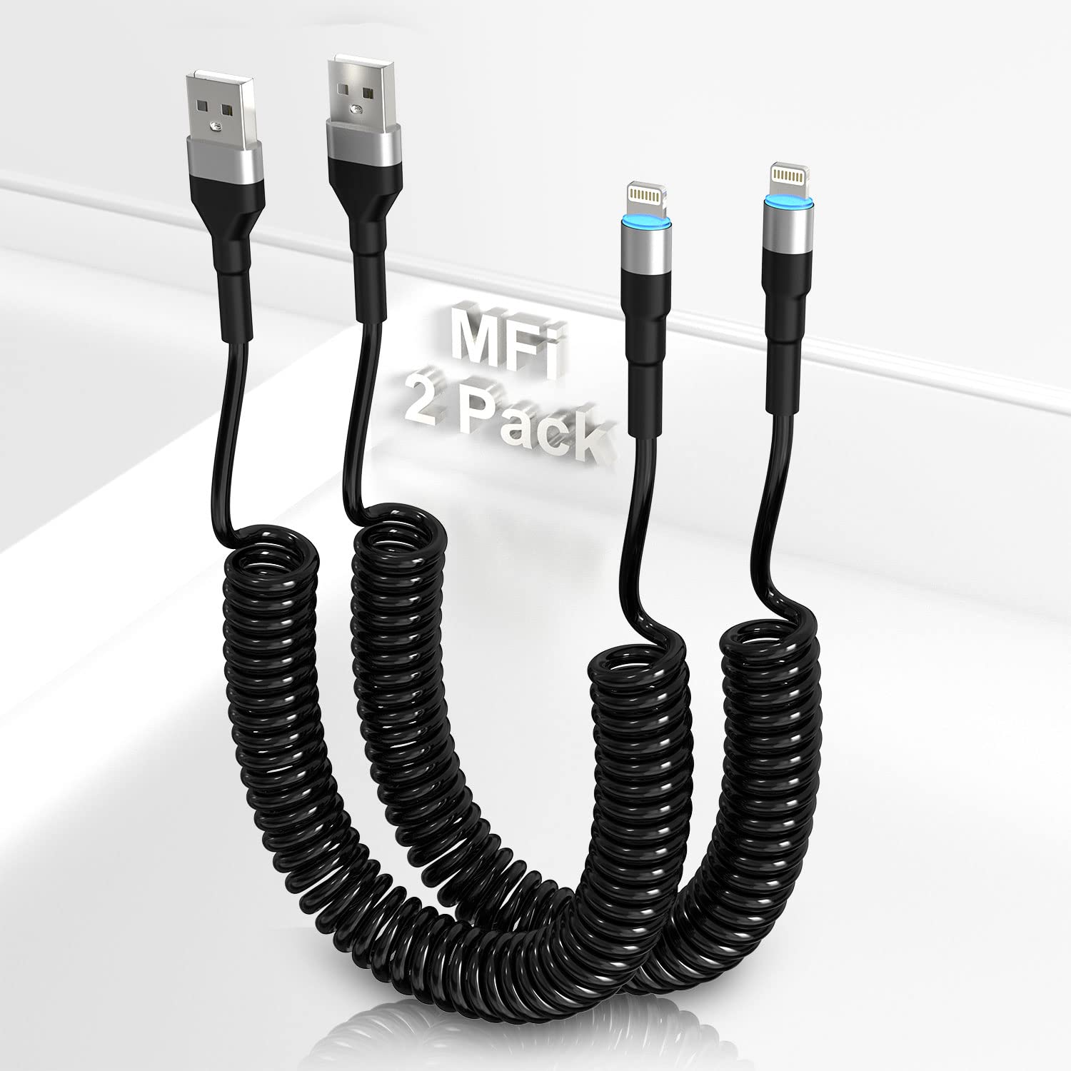 2 Pack MFi Certified Coiled iPhone Lightning Cable - Short Durable Charging Cord for Apple CarPlay, Fast Charging & Data Sync with LED Indicator - Perfect for Car, Home & Office Use