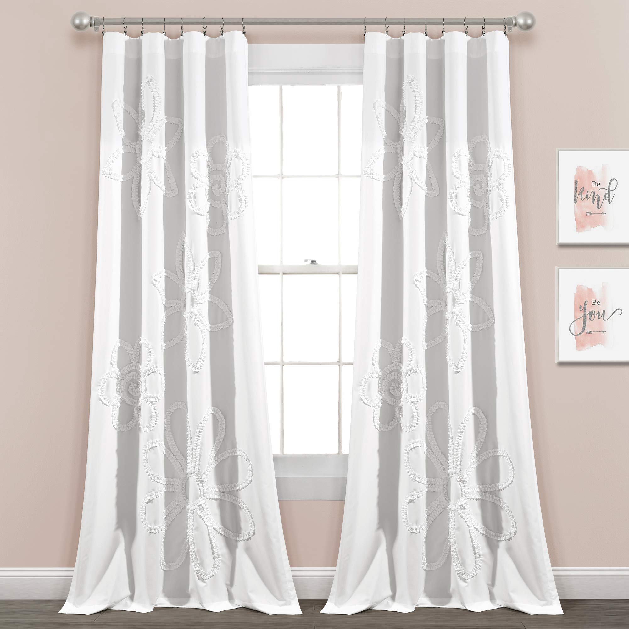 Lush Decor White Ruffle Flower Curtains 84x42
