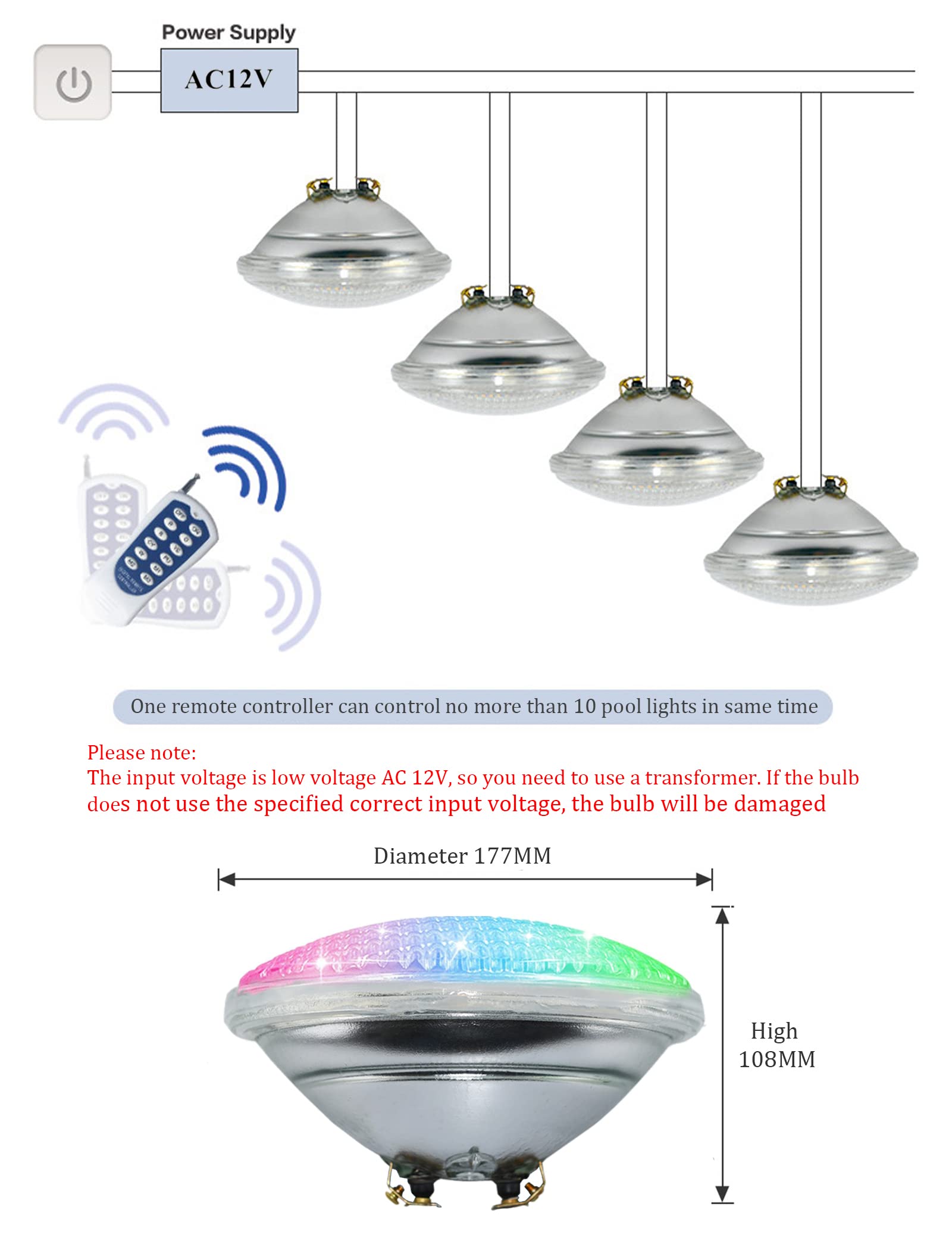 12V 45W PAR56 RGB Color Changing LED Pool Light Bulb - IP68 Waterproof Swimming Pool Light with Remote Control - Perfect for Inground Pools, Spas, and Outdoor Water Features