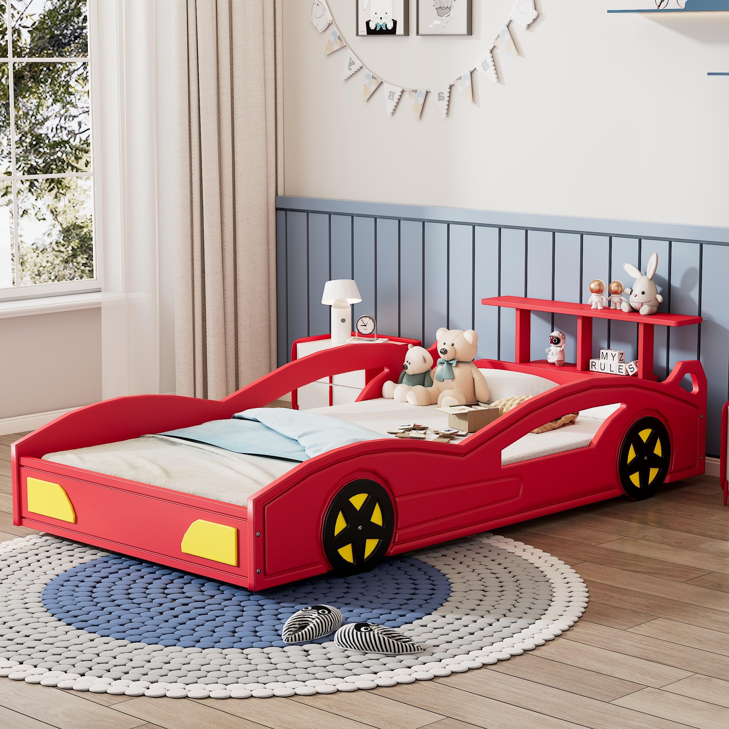 MERITLINE Kids Floor Bed Twin Size - Wooden Car-Shaped Platform Bed with Wheels & Storage Rack, Race Car Bed Frame with Slat Support for Boys & Girls (Red & Yellow) - Perfect for Kids' Bedrooms, Playrooms & Themed Decor