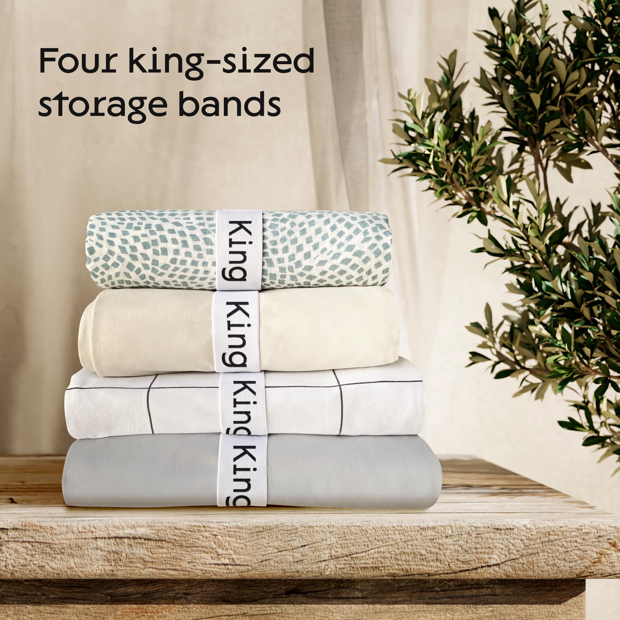 Elastic Bed Sheet Organizer Bands 4-Pack - Stretchable Linen Closet Storage Labels for King Size Sheets, Duvets & Quilts - Perfect for Home Organization and Space Saving in Bedroom Closets