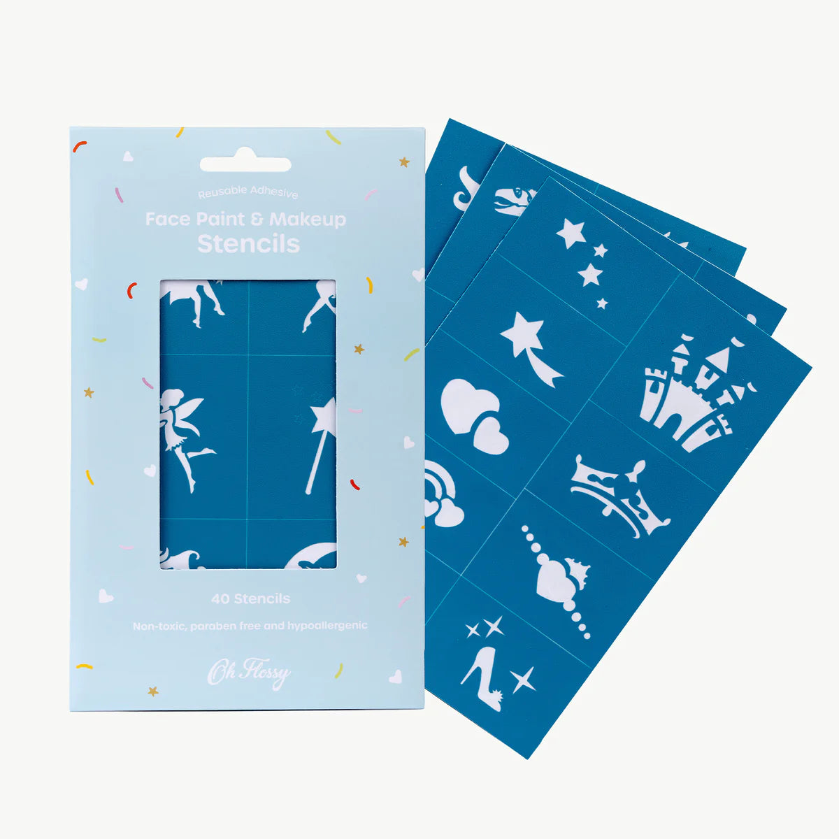 Oh Flossy Reusable Adhesive Face Paint & Makeup Stencils Kit - Washable DIY Costume Design for Halloween, Cosplay, and Parties - Perfect for Kids & Adults Face Art & Body Painting