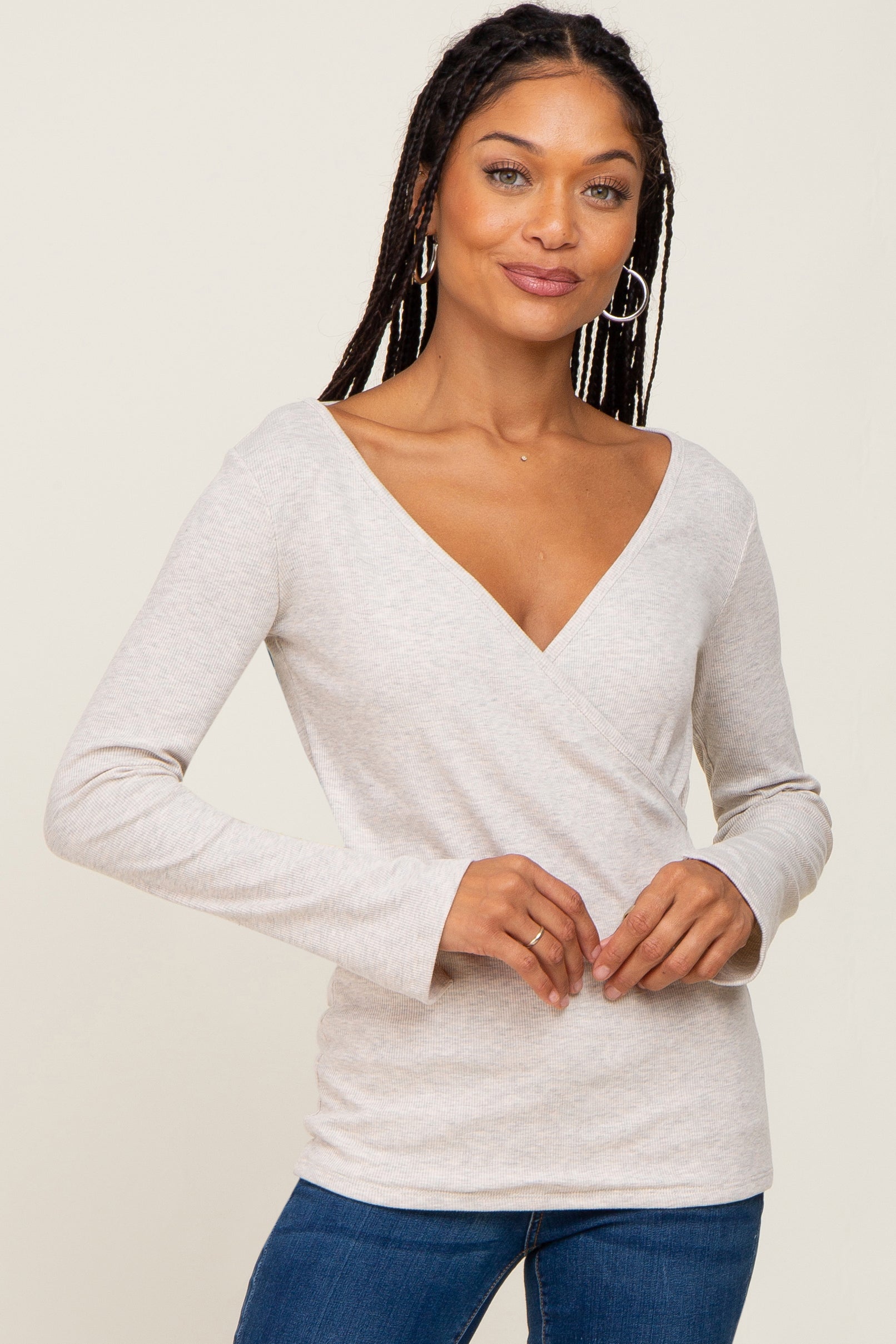 Beige Ribbed Long Sleeve Wrap Nursing Top for Moms - Comfortable Maternity Shirt for Breastfeeding, Pregnancy & Postpartum - Perfect for Work, Outings & Everyday Wear
