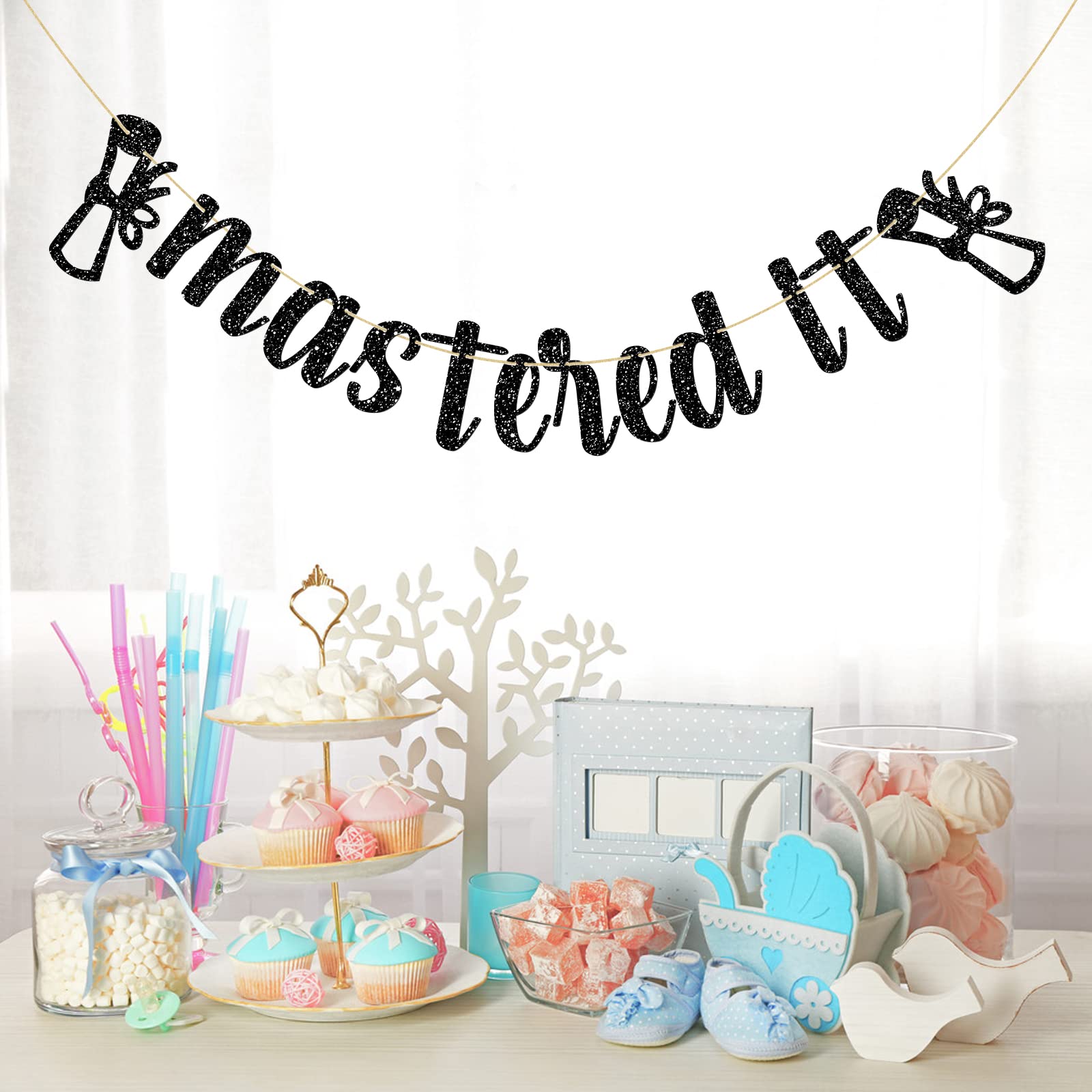 Mastered It Graduation Banner - Glittery Black College Graduation Party Decorations for Senior Grads | Perfect for Graduation Parties, Dorm Decor & Celebration Backdrops