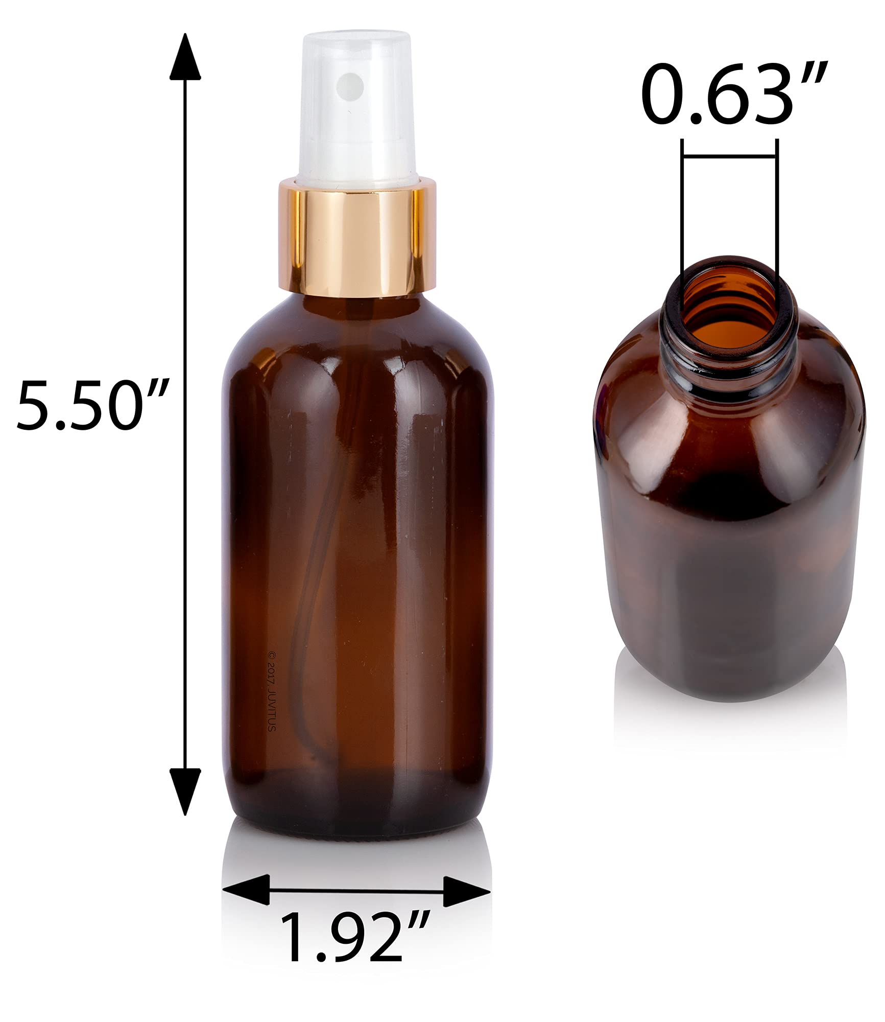 JUVITUS 4 oz Amber Glass Boston Round Bottle with Gold Fine Mist Sprayer - 12 Pack with Free Funnel - Perfect for Essential Oils, Perfumes & DIY Skincare Products