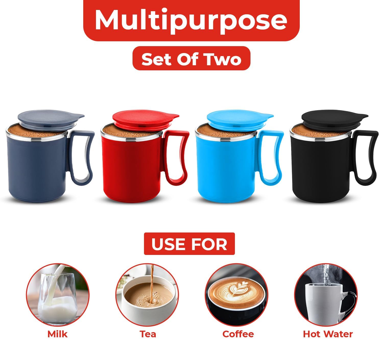 Premium Stainless Steel Coffee Mug with Lid - Double Wall Insulated Travel Mug for Hot & Cold Drinks - Ideal for Tea, Coffee, Milk - Perfect for Home, Office, Camping & Gifts (Set of 2)