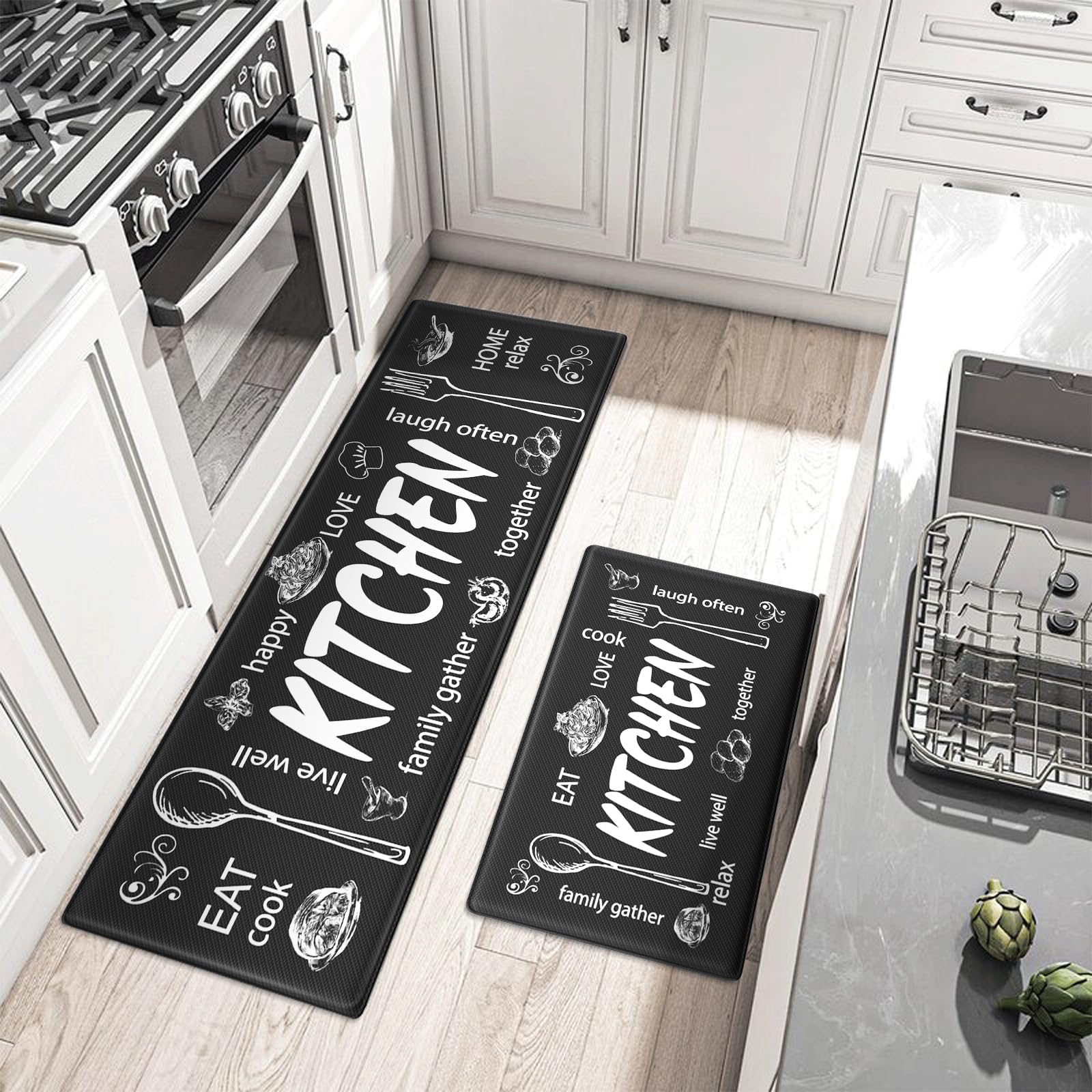 KIMODE Anti-Fatigue Kitchen Mats Set of 2 - Non-Slip Waterproof Farmhouse Style Floor Rugs with Ergonomic Cushioning for Comfortable Standing - Perfect for Home Kitchen, Laundry Room, Office, Sink Area & Under Desk (Black)