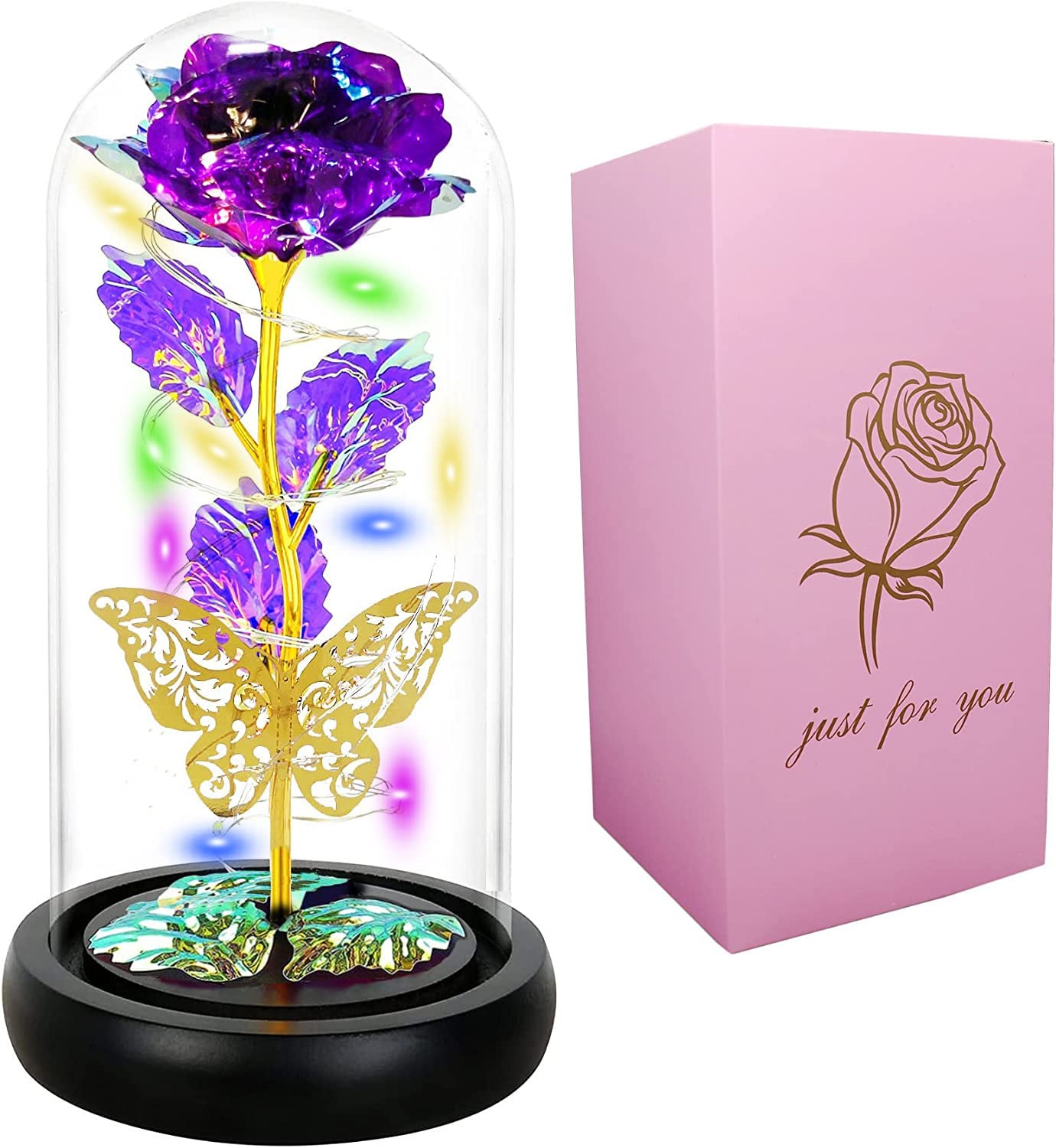 Beautiful Purple Preserved Rose in Glass Dome - Long Lasting LED Flower Gift for Women, Mom, Grandma | Unique Birthday, Anniversary & Valentine's Day Present | Romantic Home Decor & Special Occasion Gift