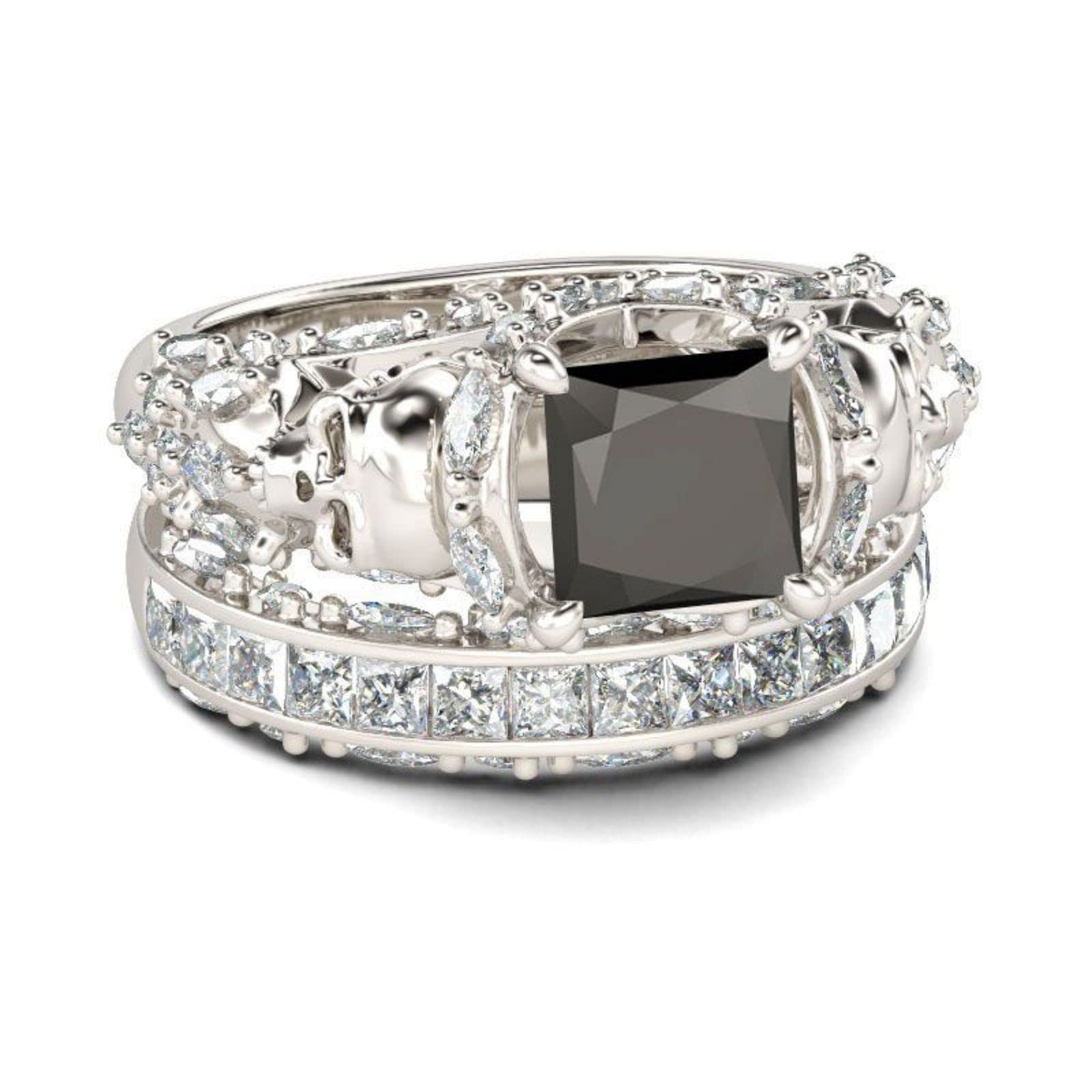 Jeulia Sterling Silver Skull Engagement Ring Set with Princess Cut Cubic Zirconia - Wedding, Anniversary, Promise Rings for Women (Size 6.0 US) | Gothic Bridal Jewelry, Alternative Wedding Bands, Unique Couple Rings for Dark Romance & Punk Style Lovers