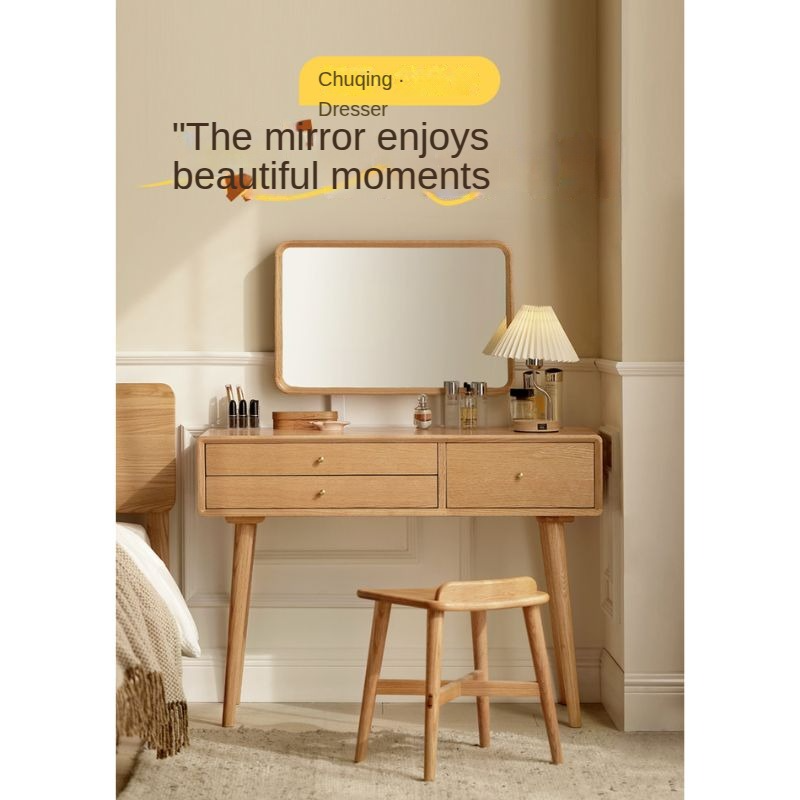 Stylish Oak Solid Wood Modern Dressing Table with Large Mirror - Perfect for Bedroom Vanity, Makeup Station & Home Decor
