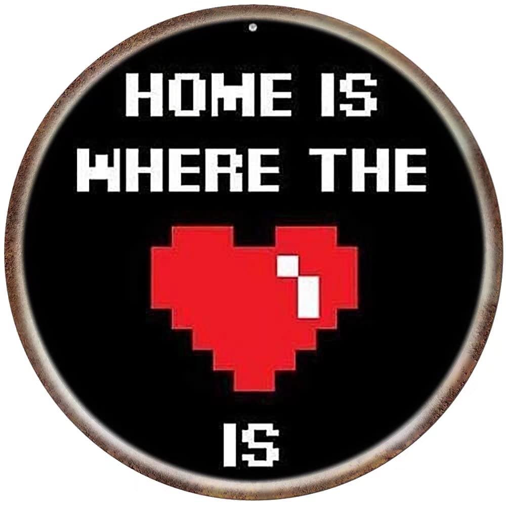 Vintage Home is a Place for The Heart Metal Wall Decor - 12x12 Inch Round Tin Sign for Kitchen, Bar, Cafe & Man Cave - Retro Home Decoration Gift Idea