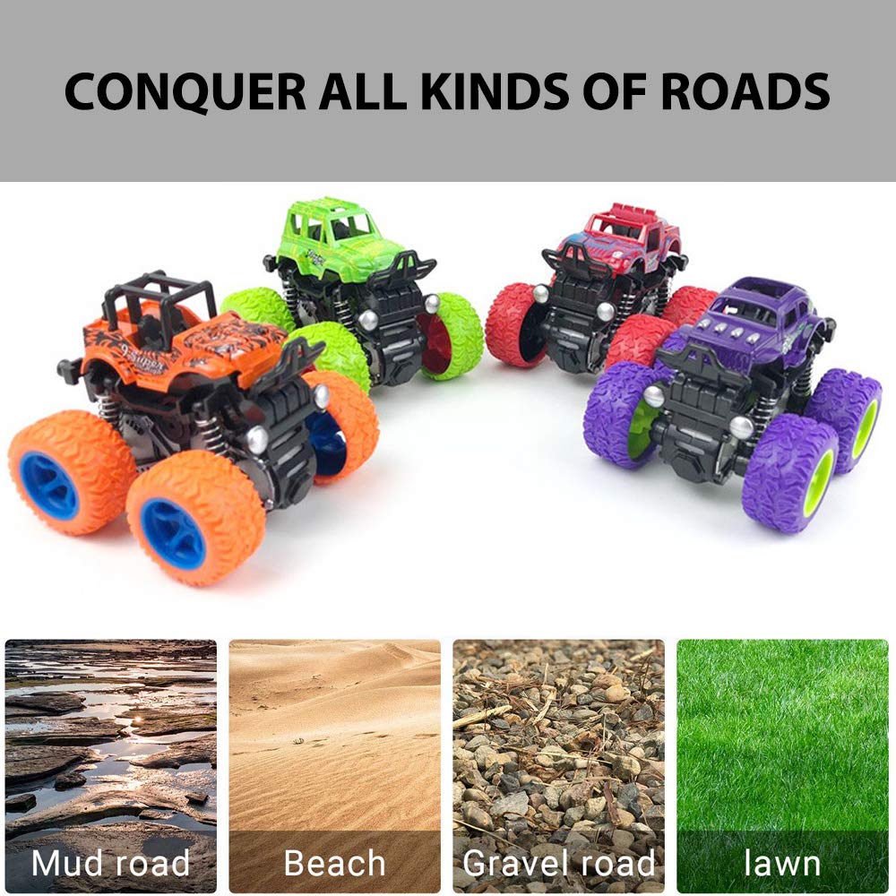 4 Pack Pull Back Monster Trucks for Kids - 360° Rotating Wheels, Durable Friction Powered Push & Go Toy Vehicles - Gift for Boys & Girls Ages 3-8 - Perfect for Indoor Play, Birthday Parties & STEM Learning