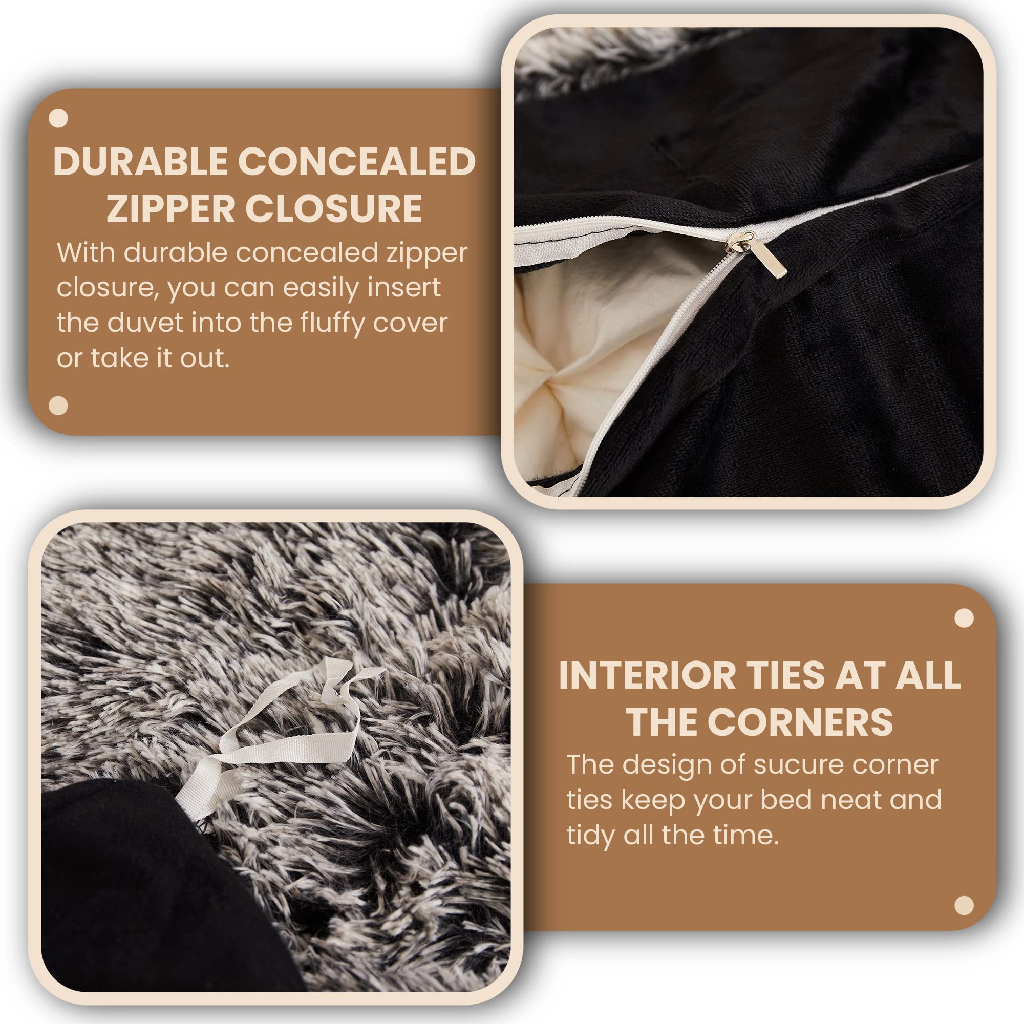 Luxury Shaggy Plush Duvet Cover Set - 3 Piece Soft Fluffy Faux Fur Comforter Cover with Zipper Closure, Fuzzy Bedding Set (1 Queen Size Furry Duvet Cover + 2 Pillow Shams) in Black Ombre - Perfect for Cozy Winter Nights & Stylish Bedroom Decor