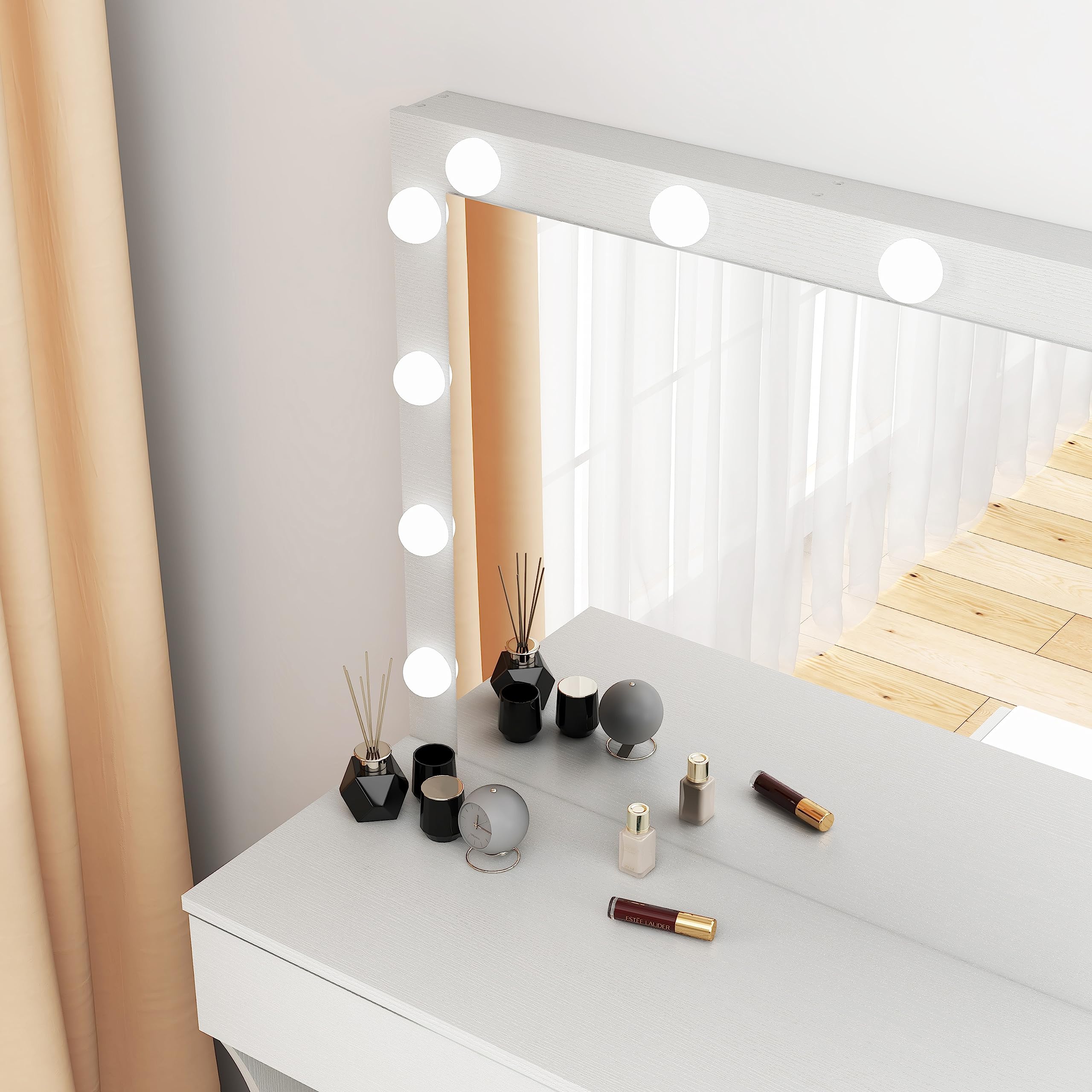 Vanity Desk with Mirror & Adjustable LED Lights, White Makeup Table with Storage Drawer & Stool - Dressing Table for Bedroom, Perfect for Applying Makeup & Skincare Routine