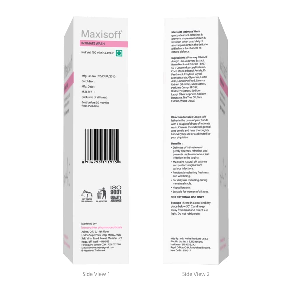 Maxisoft pH 4.5 Balanced Intimate Wash for Women - Alcohol Free, Paraben Free, Gentle Feminine Hygiene Cleanser (100ml) - Perfect for Daily Use & Sensitive Skin Care