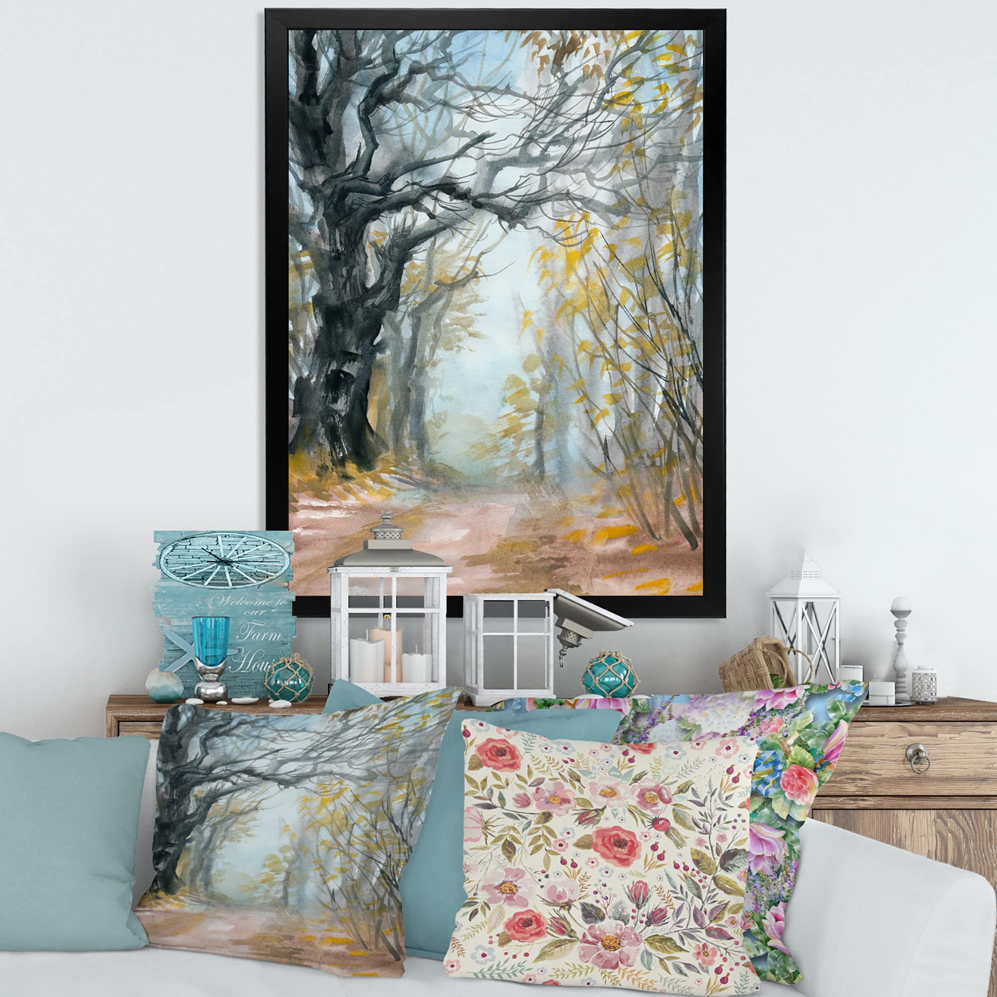 DesignQ Autumn Misty Forest Lake House Framed Wall Art - Nature Landscape Canvas Painting for Living Room, Bedroom & Office Decor