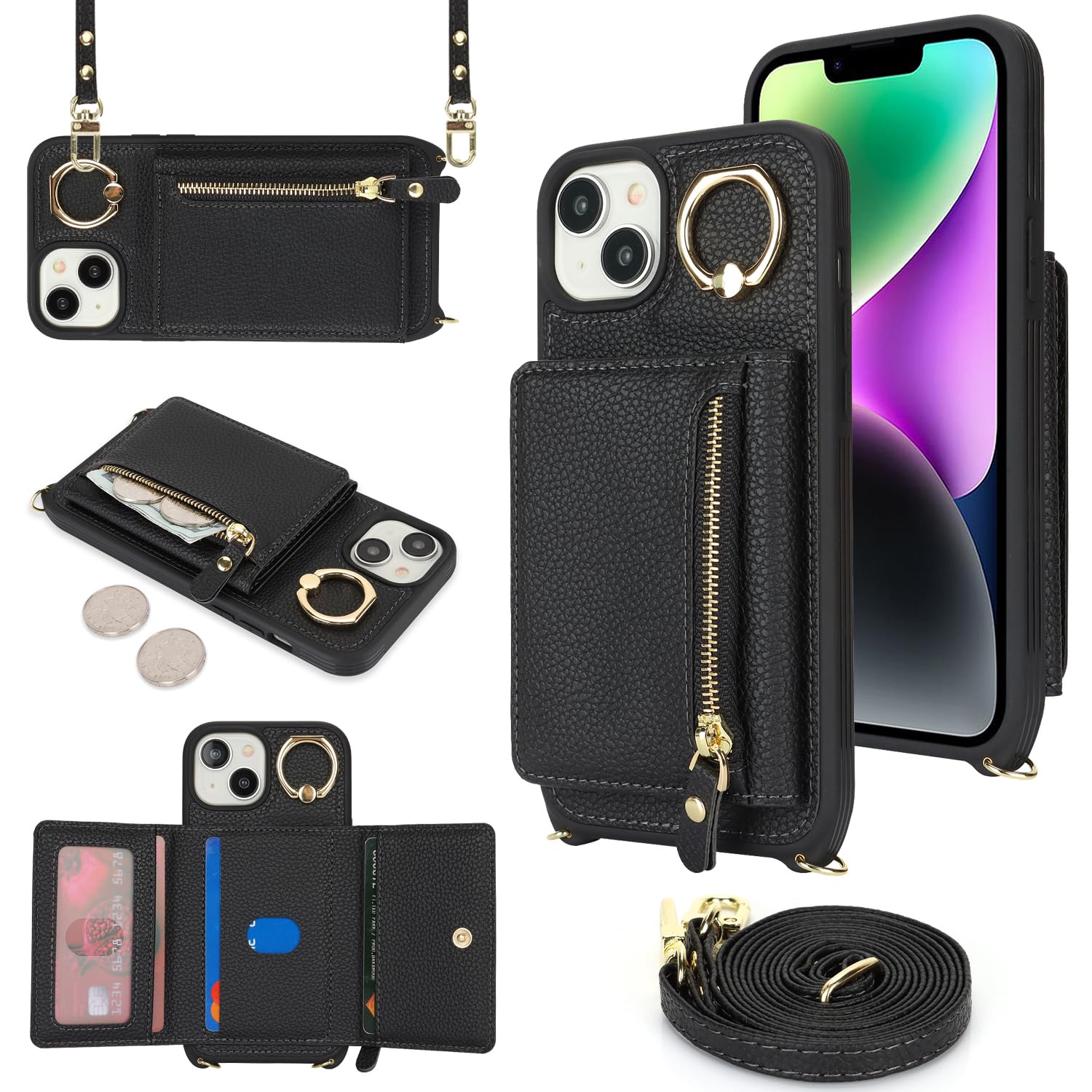 Premium Leather iPhone 13 Mini Case with Card Holder & Crossbody Strap - Wallet Phone Case with Zipper Pocket & Stand Ring for Women (Black) - Perfect for Travel, Shopping & Everyday Use